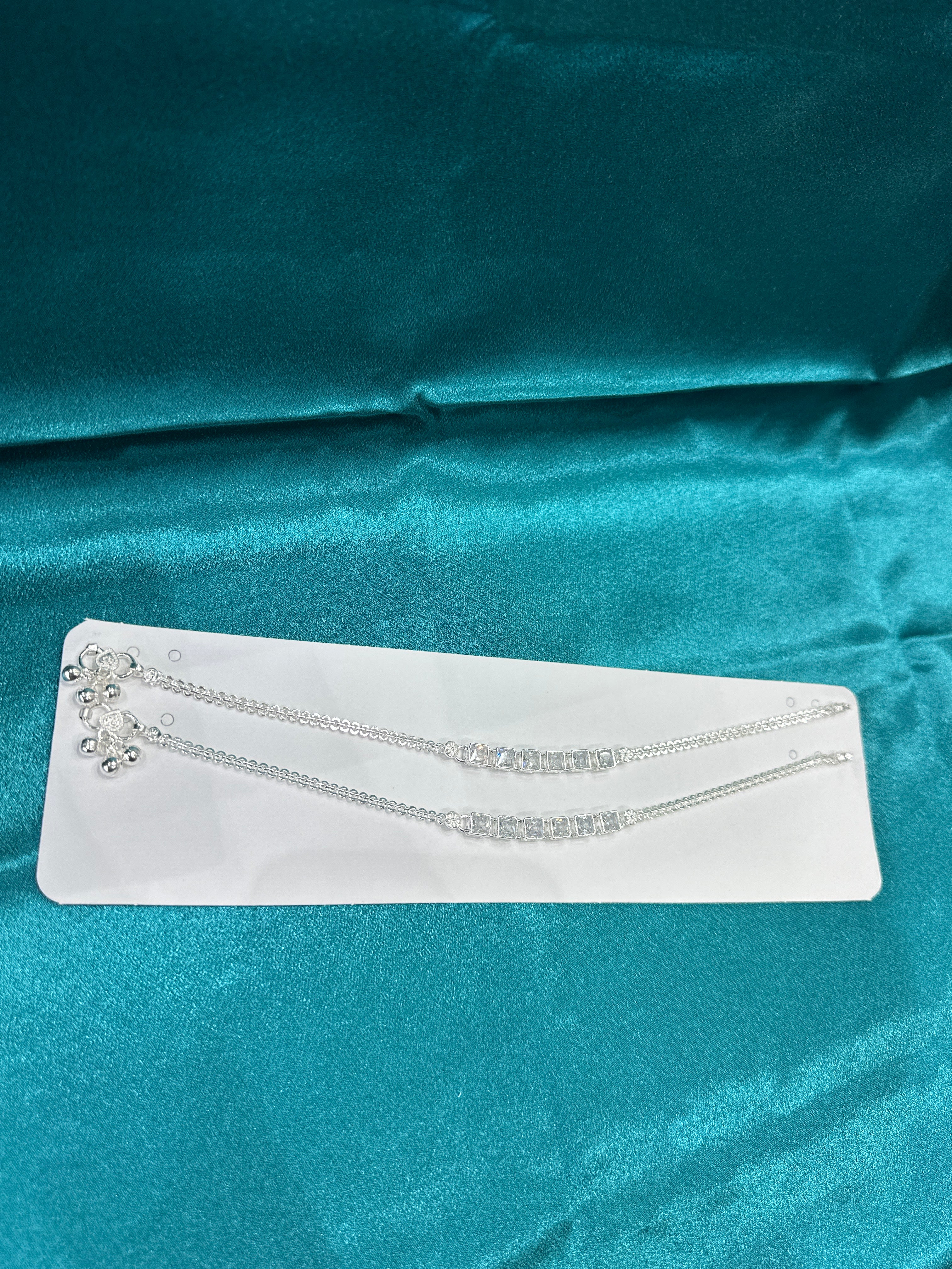 Fancy Silver Anklets With Square CZ Diamonds