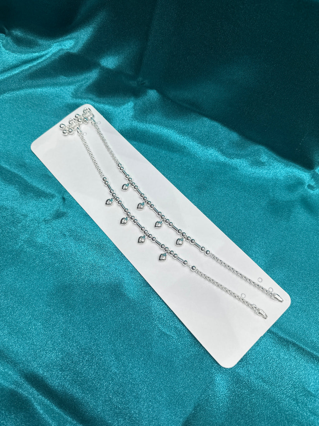 Fancy Silver Anklets With Beads & Hanging Hearts