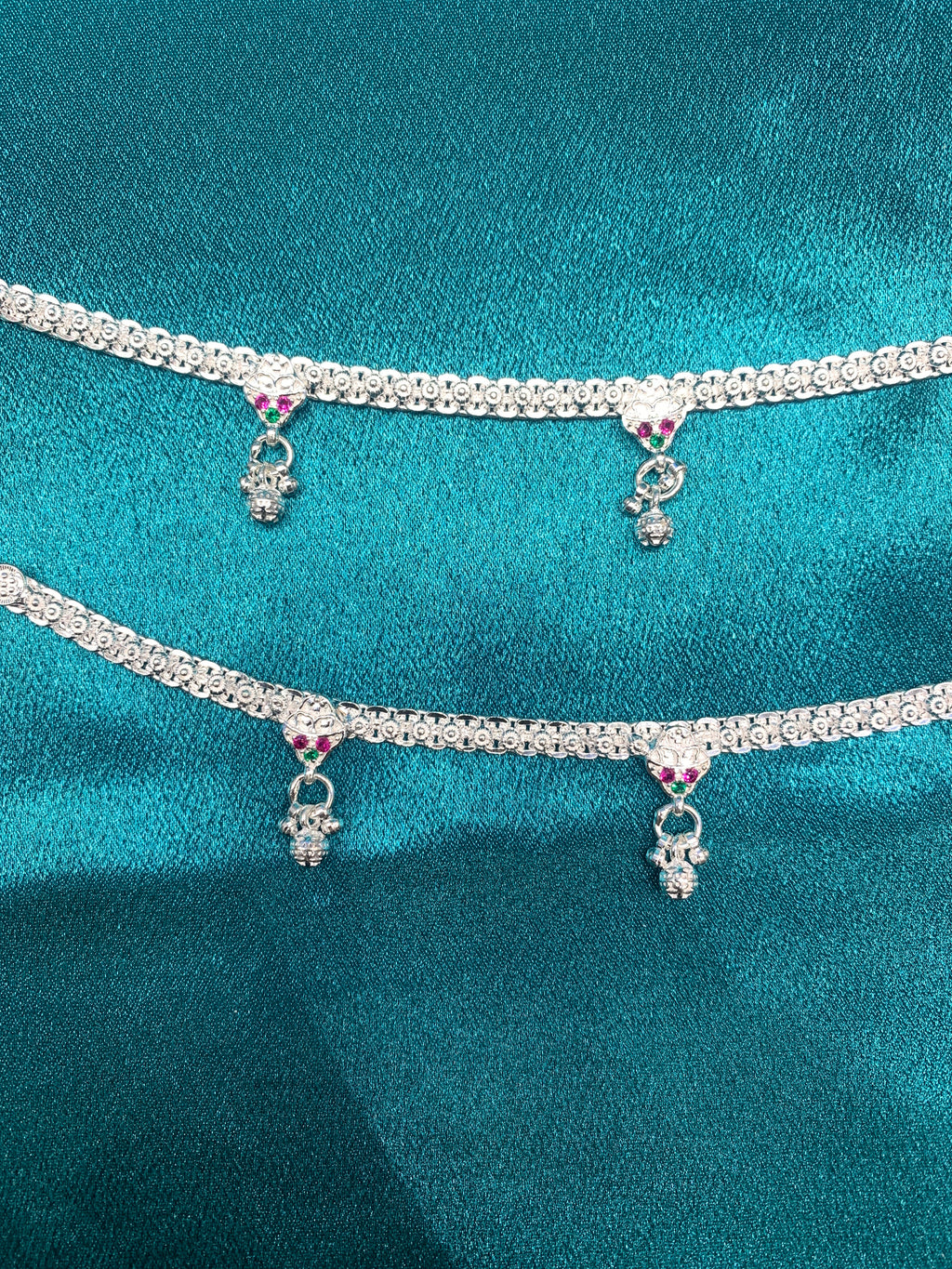 Traditional silver anklets green pink CZ diamonds and bells