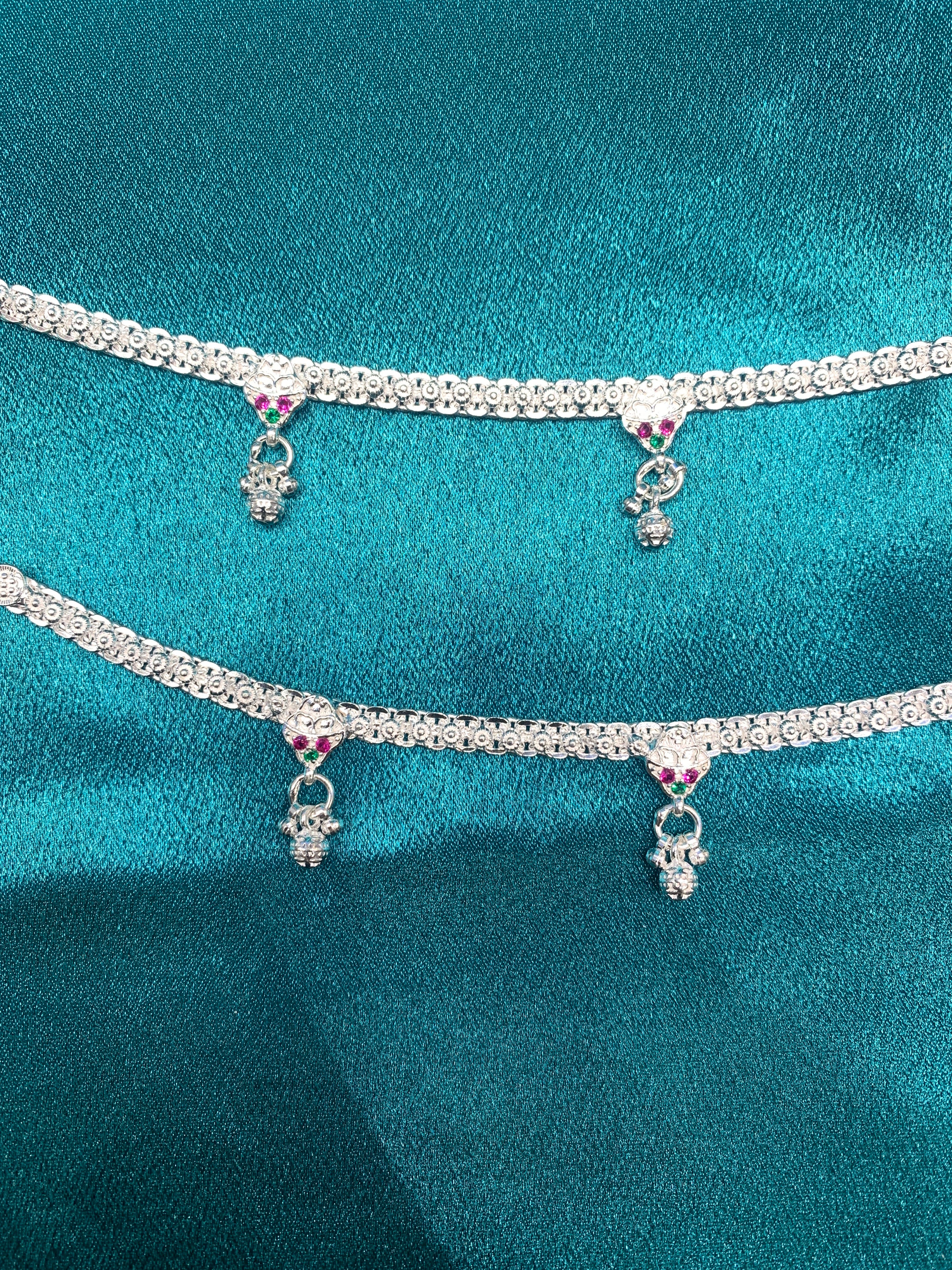 Traditional silver anklets green pink CZ diamonds and bells