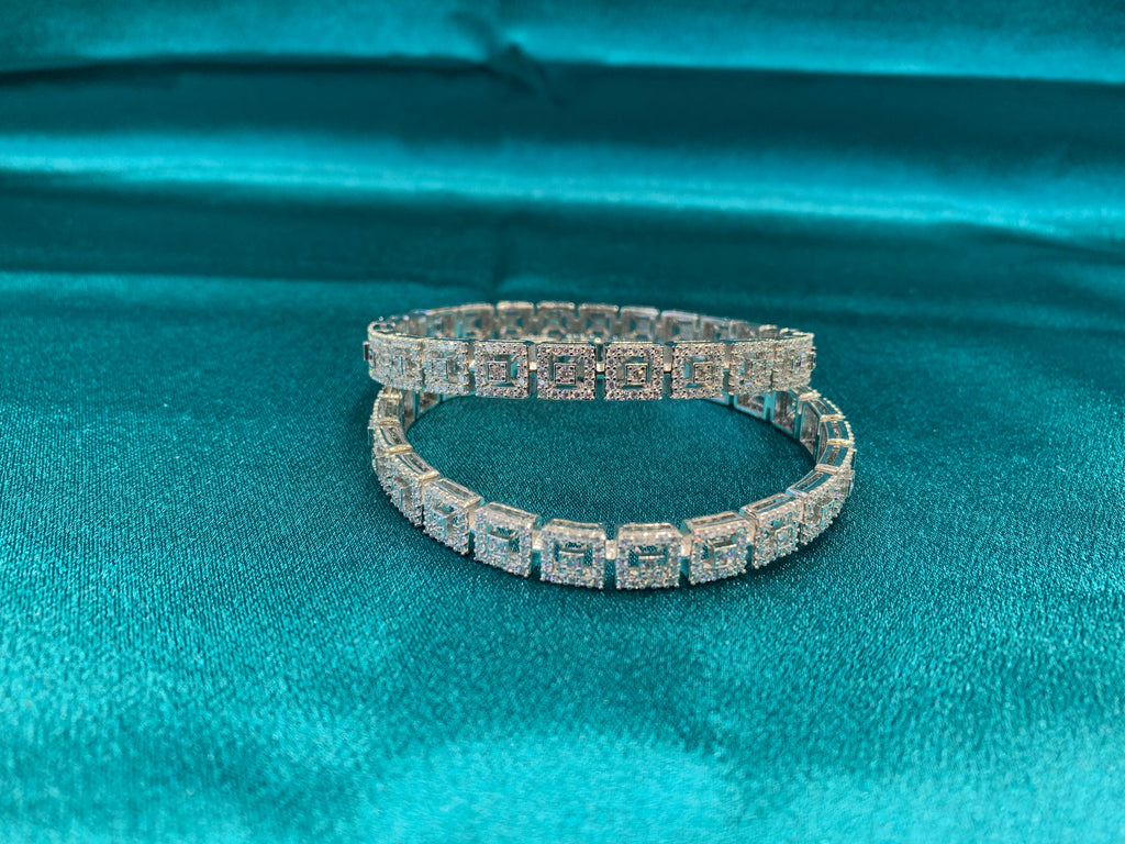 Elegant CZ diamond silver bangles with geometric design
