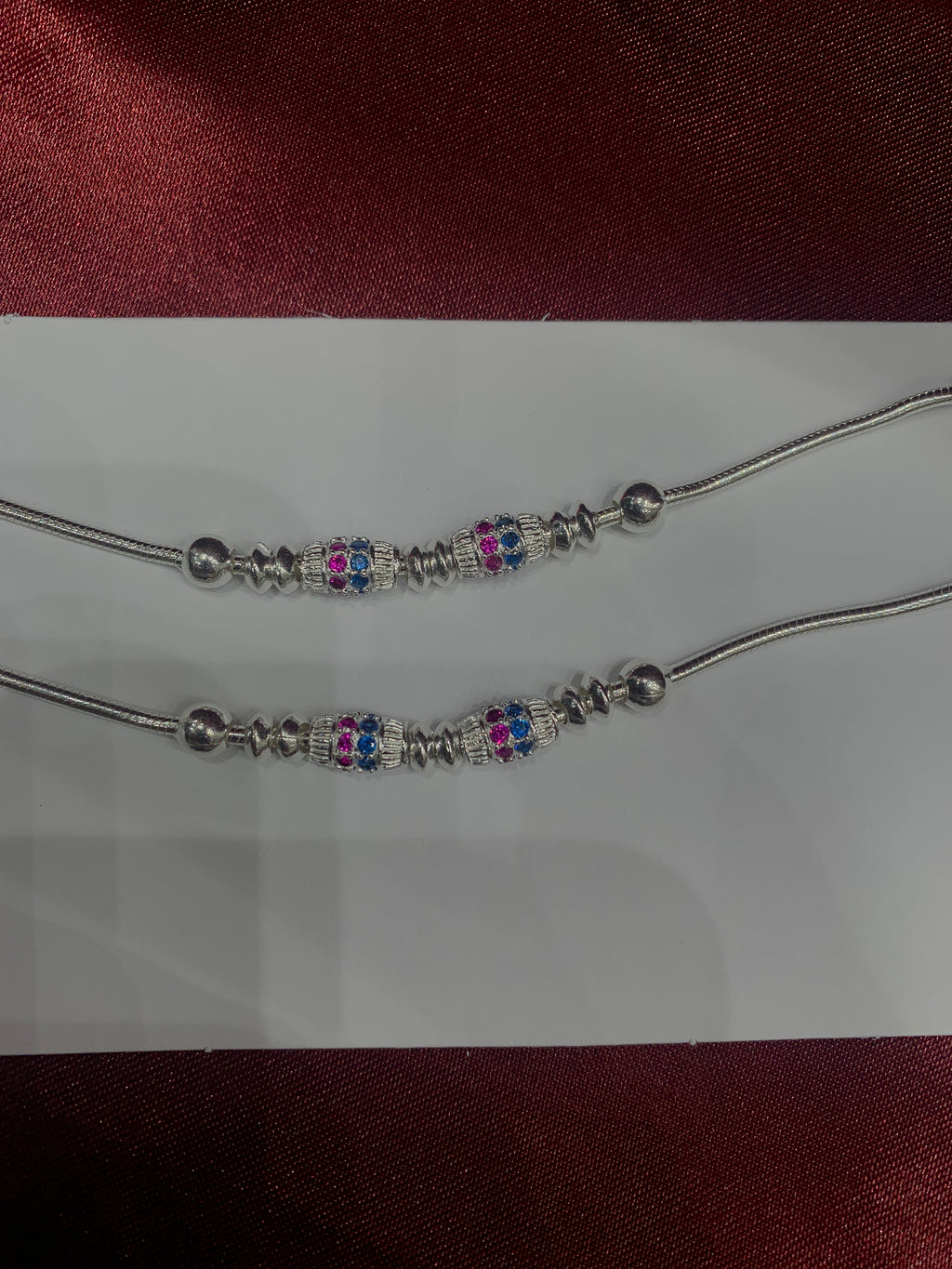 Fancy kids silver anklets with blue and pink CZ diamond beads (Size: 1-2 year old)