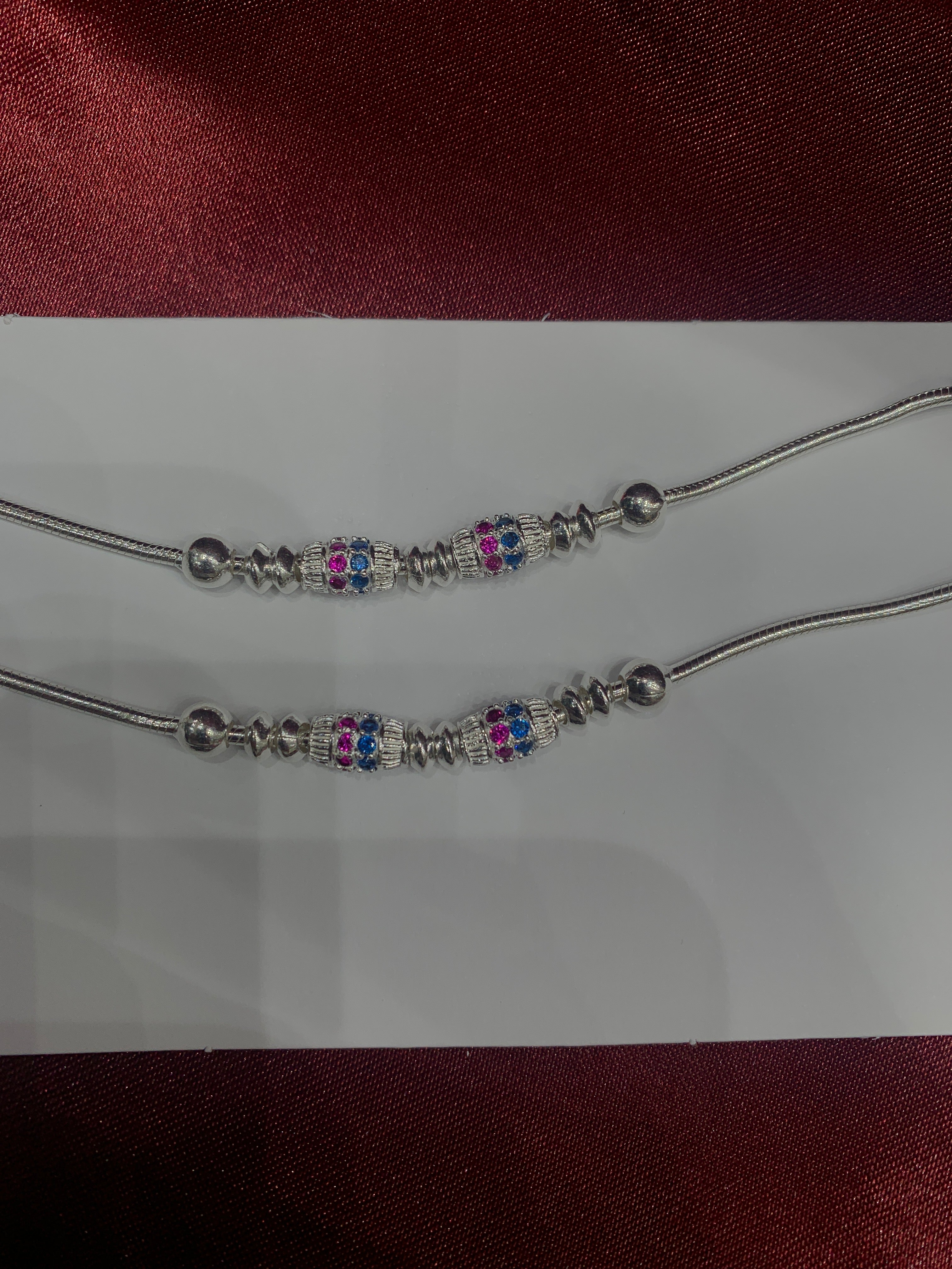 Fancy kids silver anklets with blue and pink CZ diamond beads (Size: 1-2 year old)