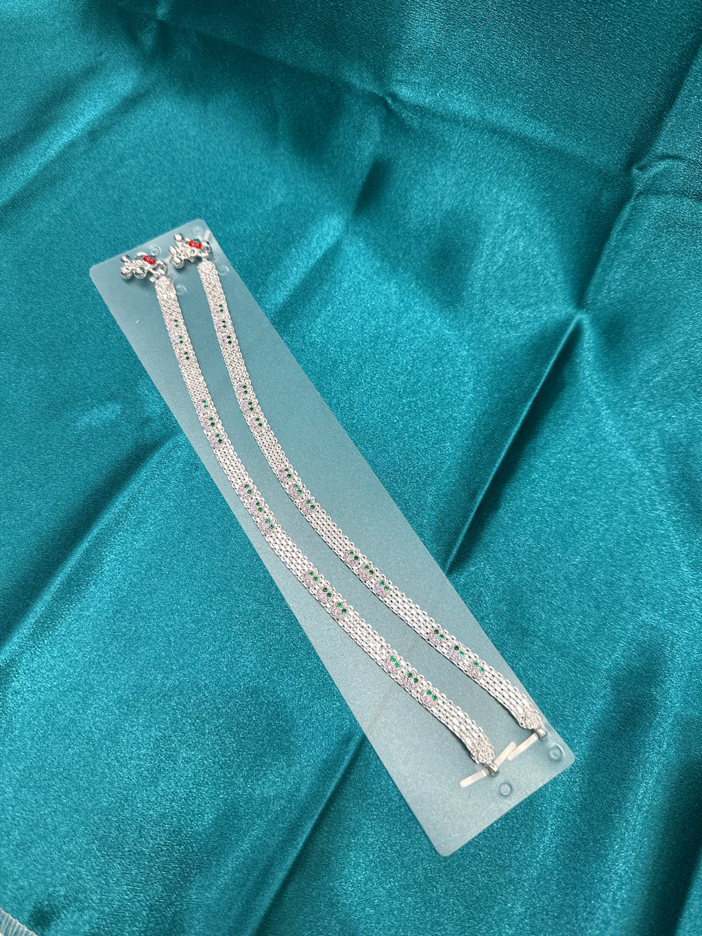 Fancy Silver Anklets With Pink & Green CZ Diamonds