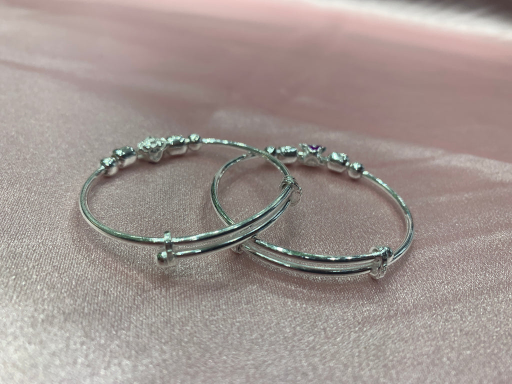 Silver baby bangles with purple flower beads