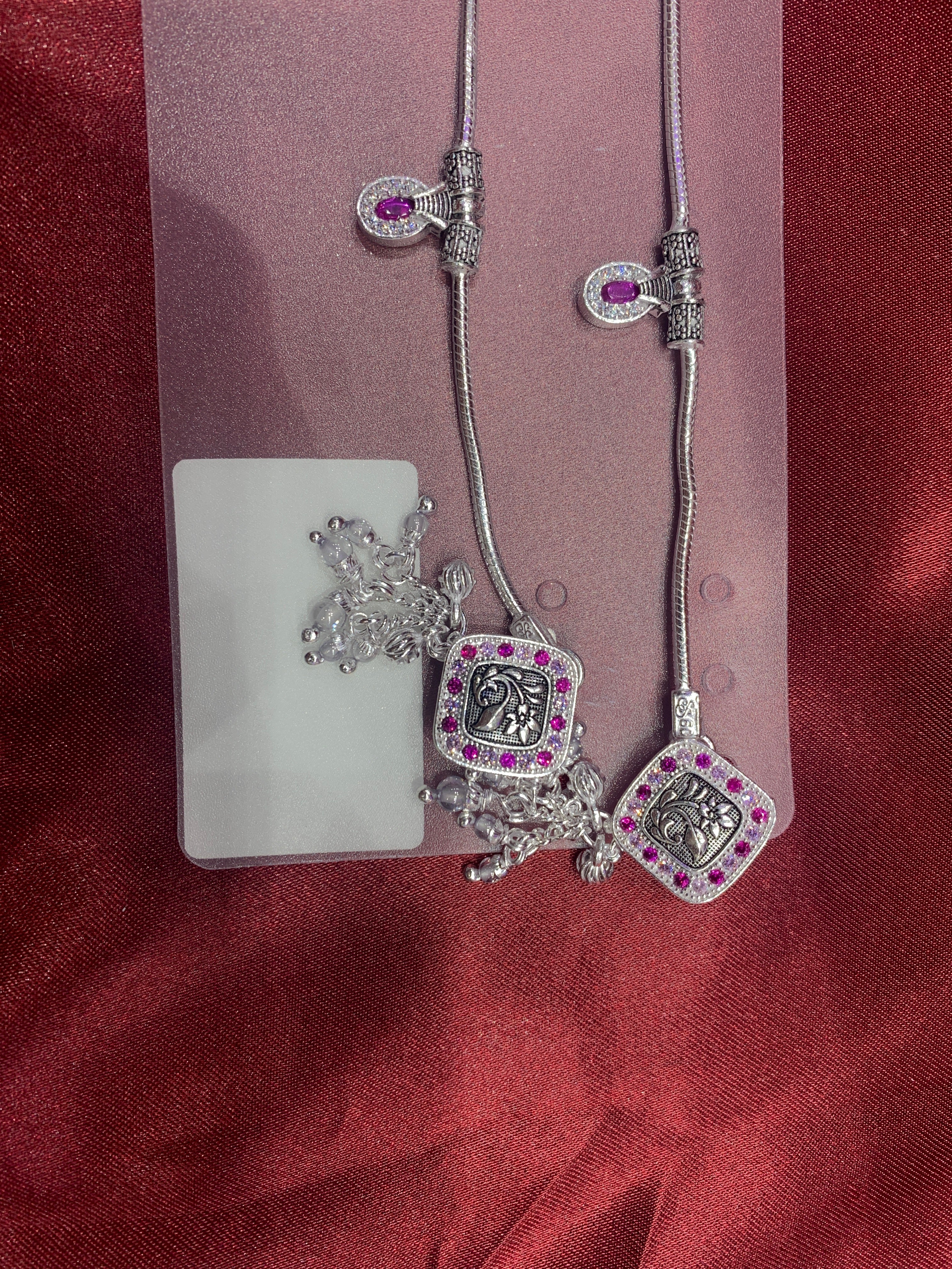 Fancy silver anklets with pink and green stones and CZ diamonds