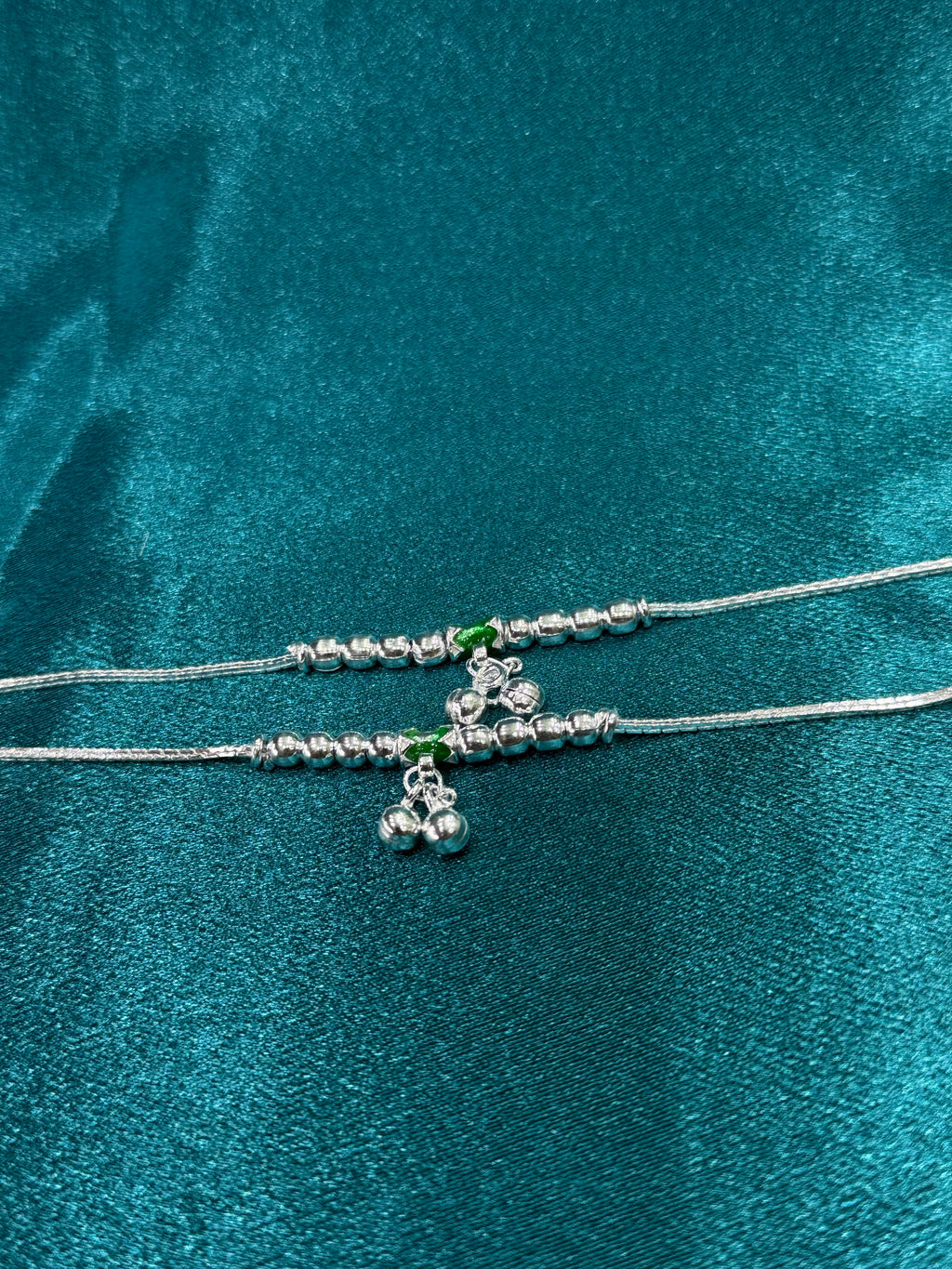 Fancy kids silver anklets silver beads and green enamel in the middle (Size 4-5 year old)