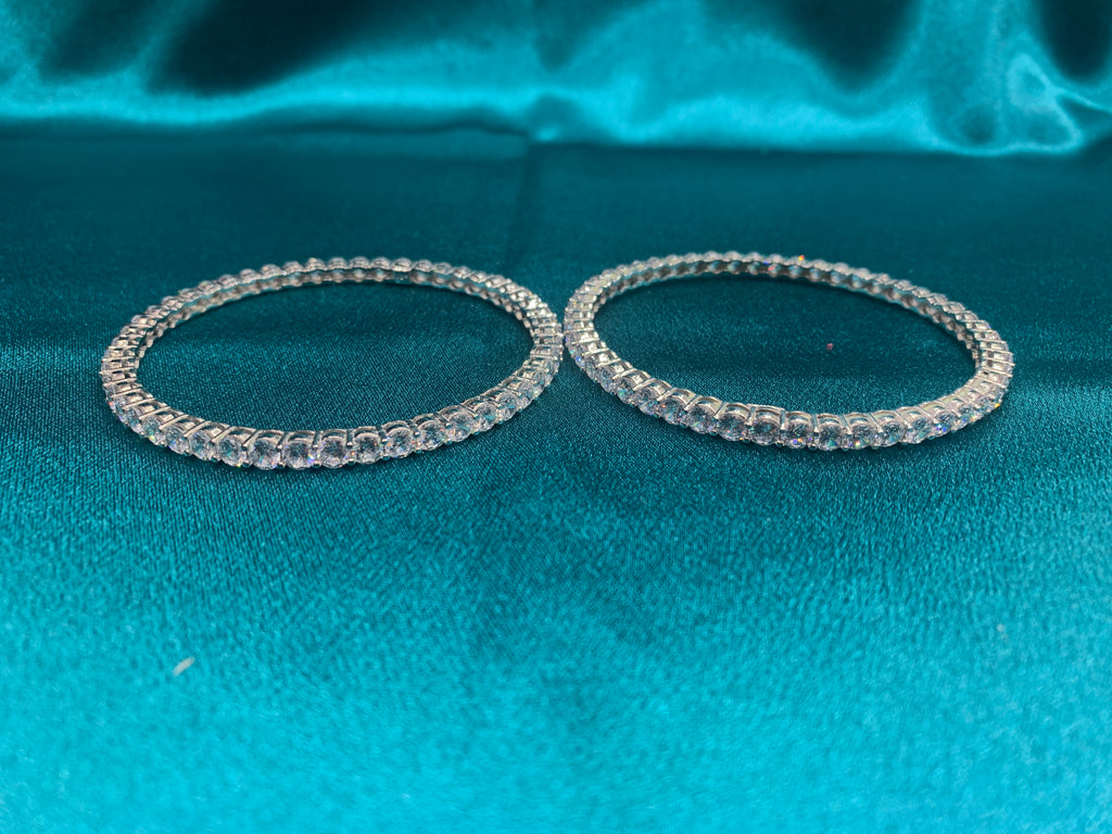 Elegant CZ diamond silver bangles with white stone in sequence design