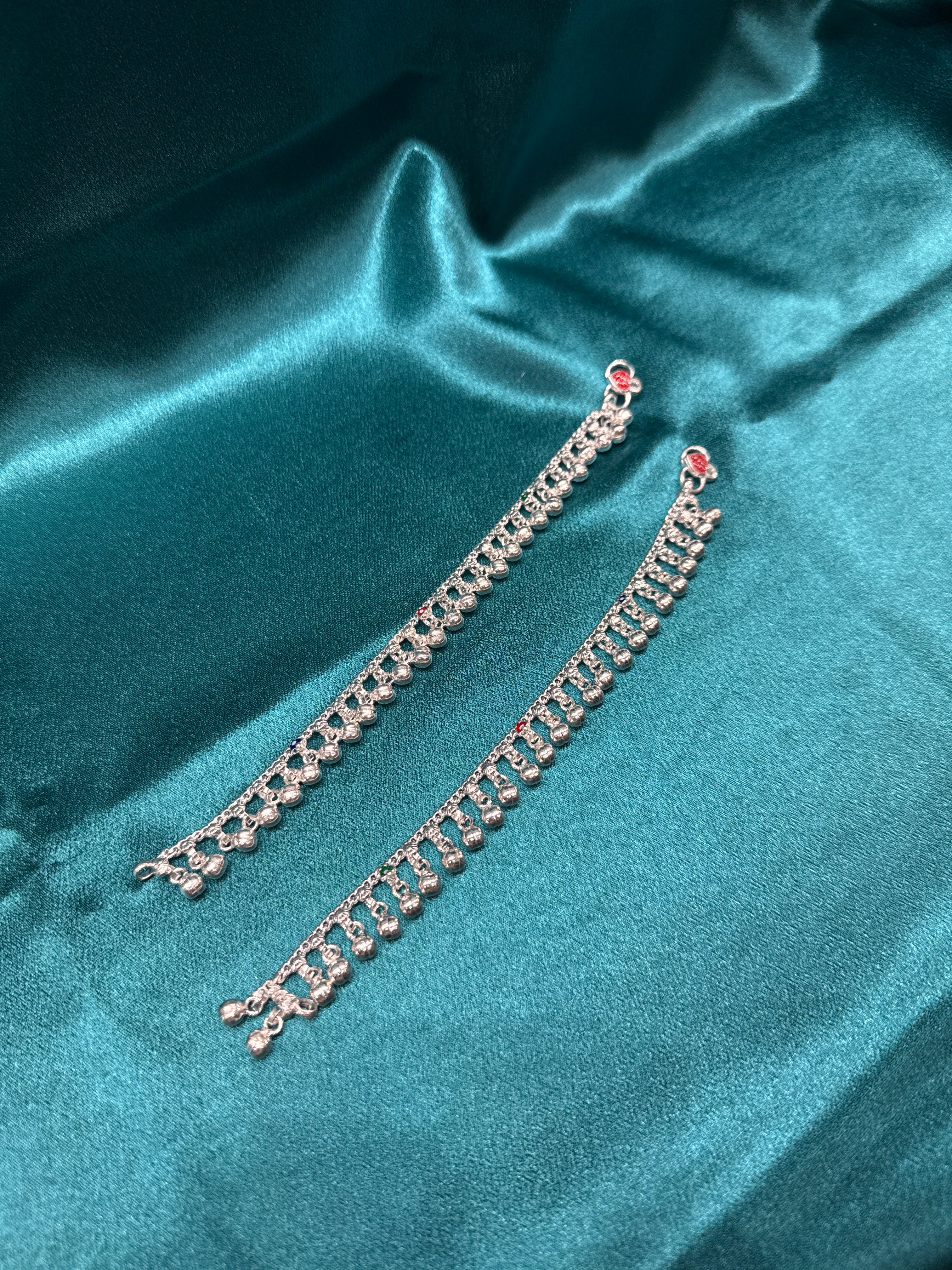 Fancy silver kids anklet with full row of hanging bells and colour