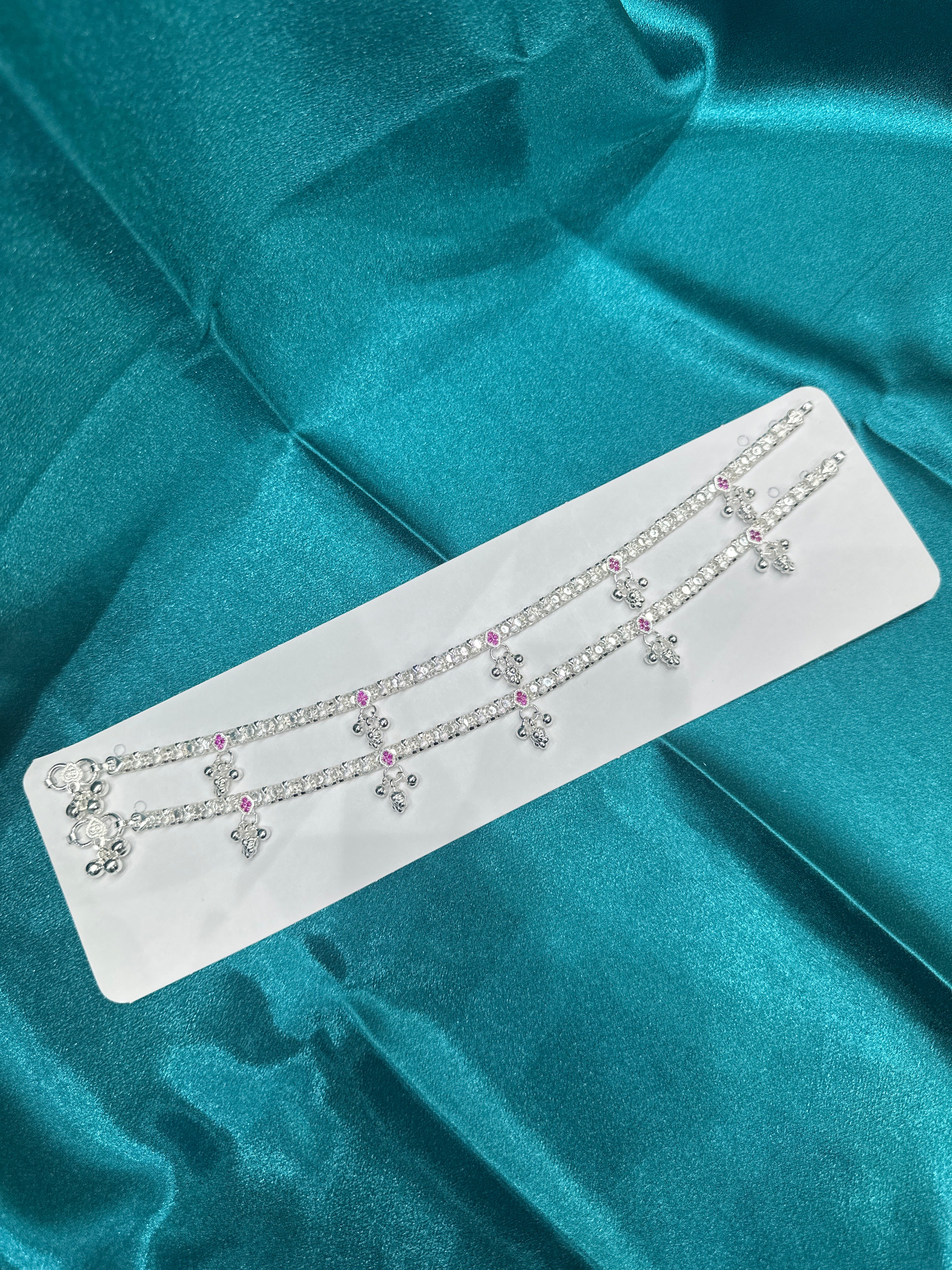 Fancy Silver Anklets With Hanging Bells and ruby coloured stones