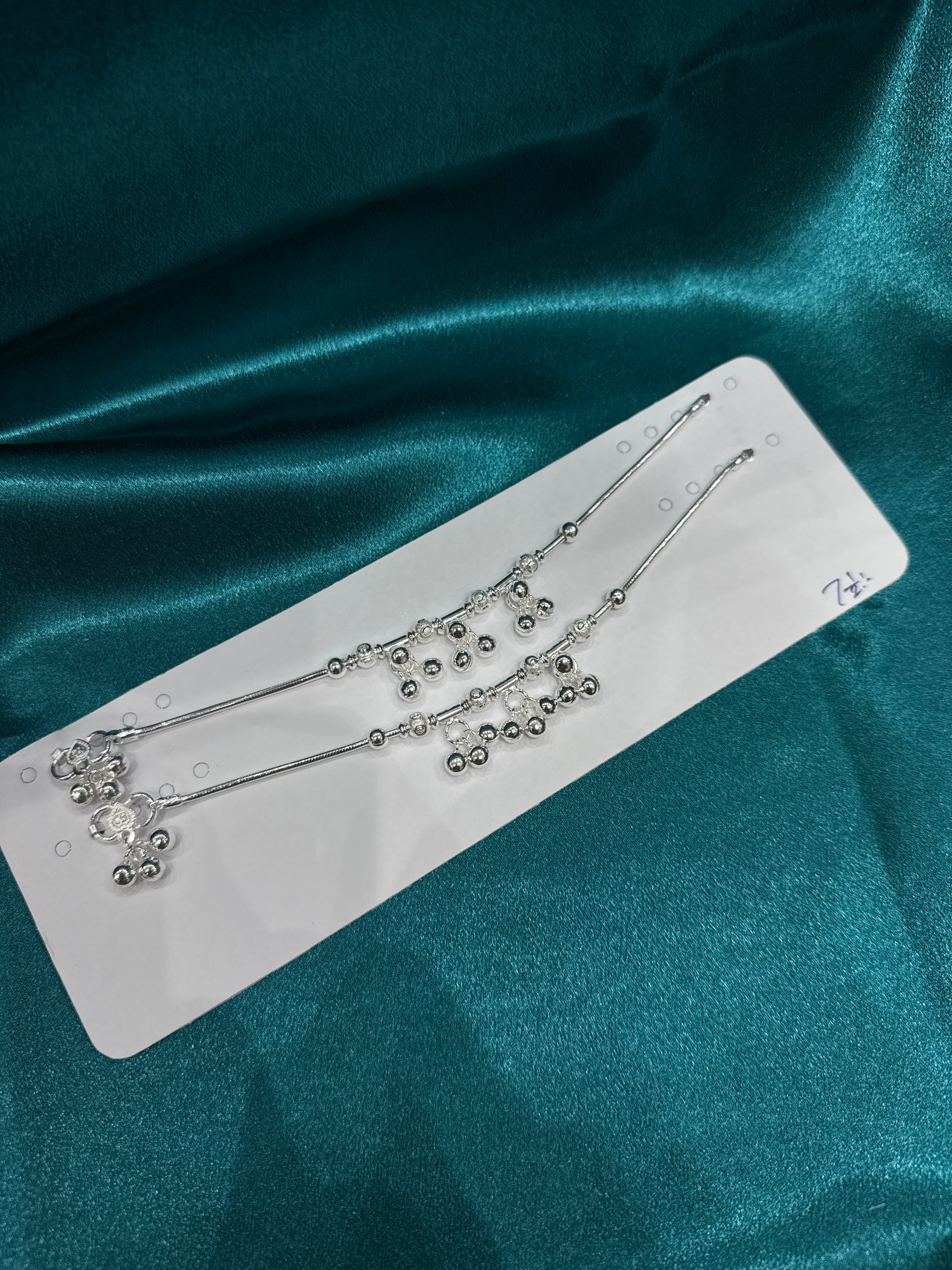 Kids fancy silver anklet with ball beads and hanging bells (Size: 10-12 year old)