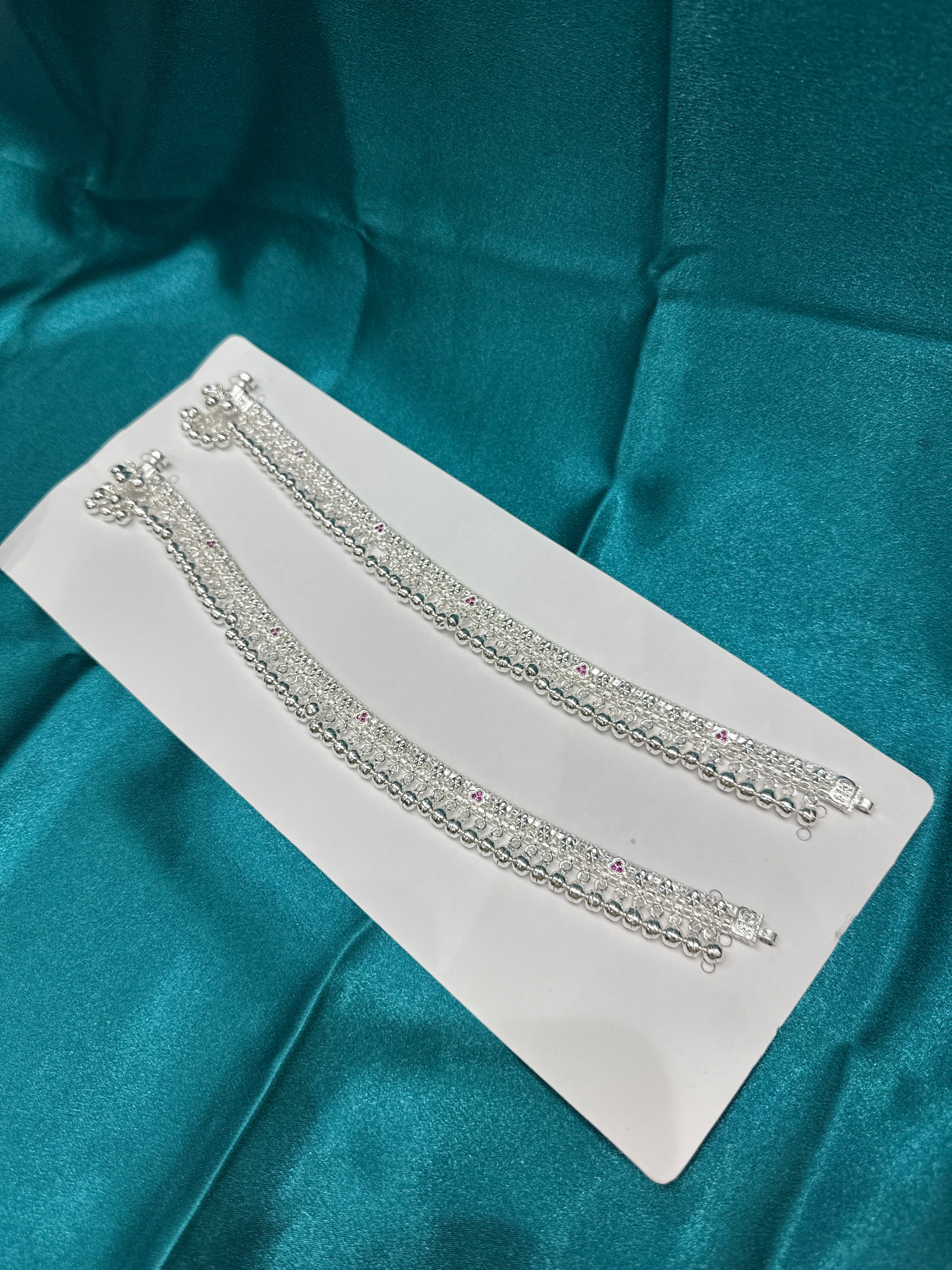 Full ghungroo Silver Anklet With Pink Stones