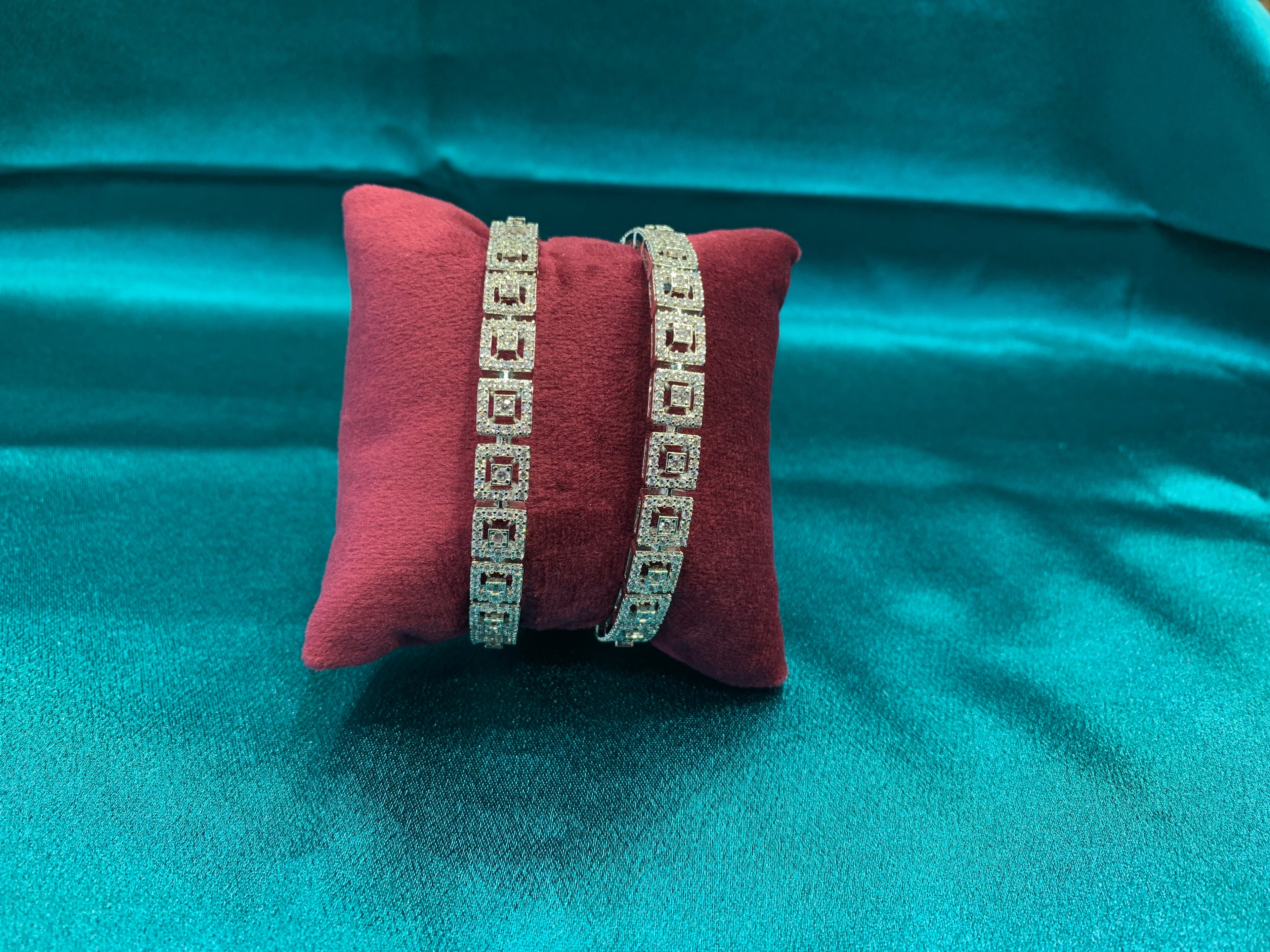 Elegant CZ diamond silver bangles with geometric design