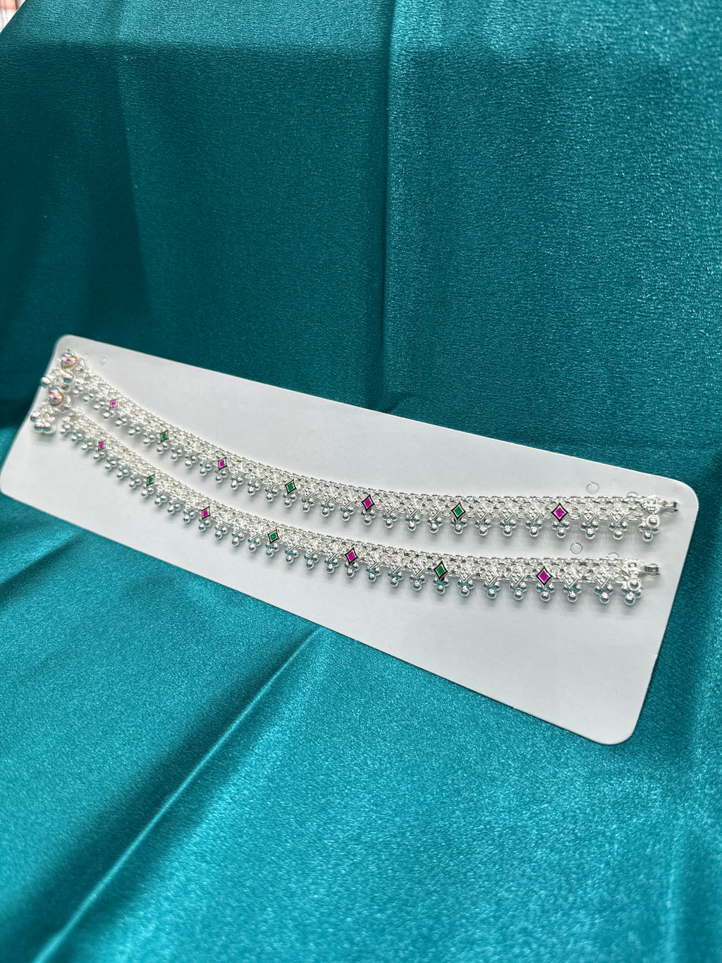 Silver Anklets With Green & Pink Enamel