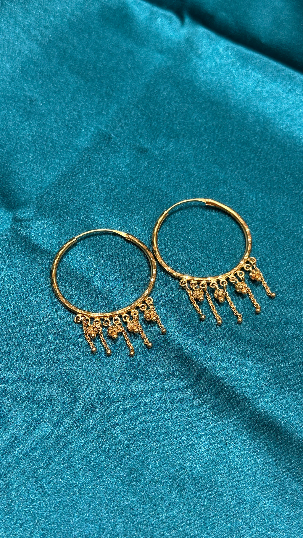 22K Gold Hoops With Hanging Chain & Beads