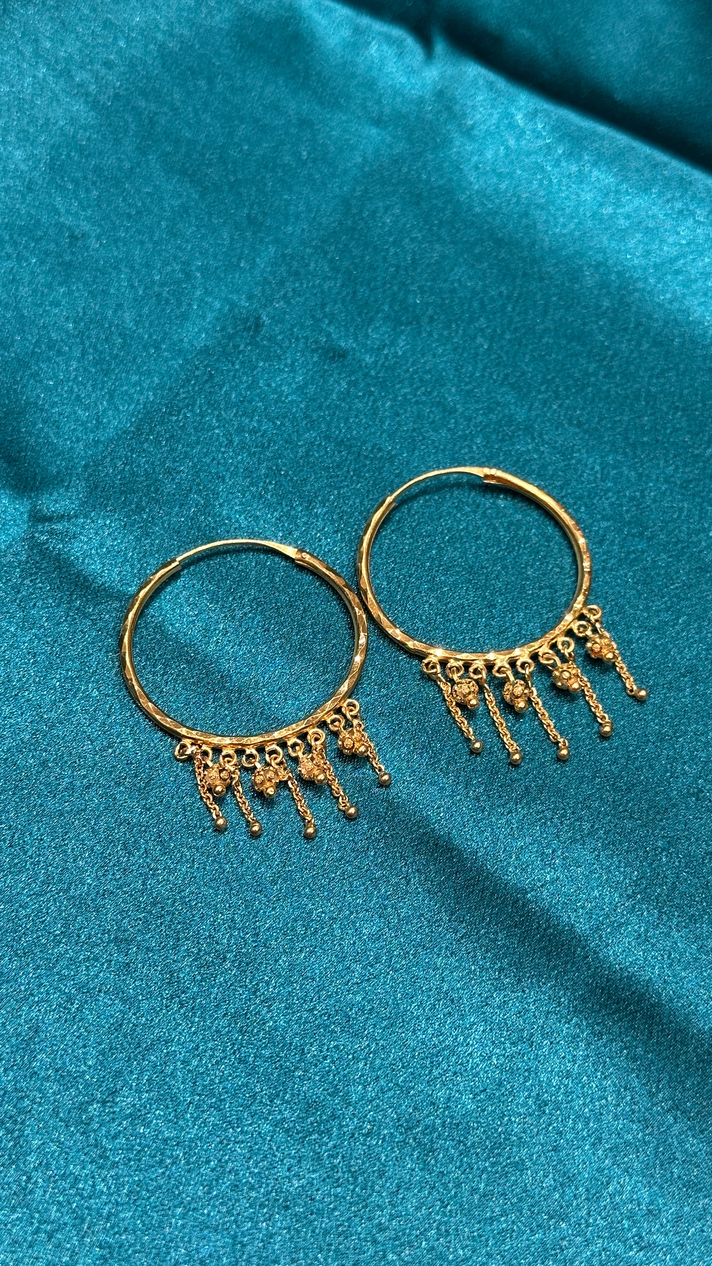 22K Gold Hoops With Hanging Chain & Beads