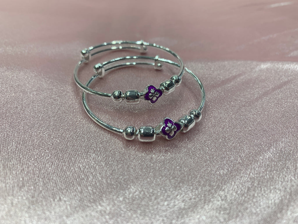 Silver baby bangles with purple flower beads