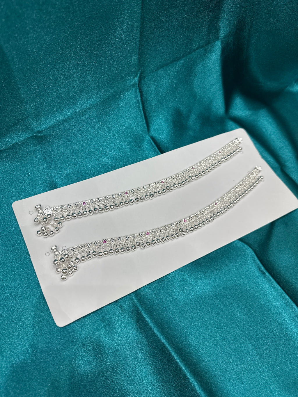 Full ghungroo Silver Anklet With Pink Stones