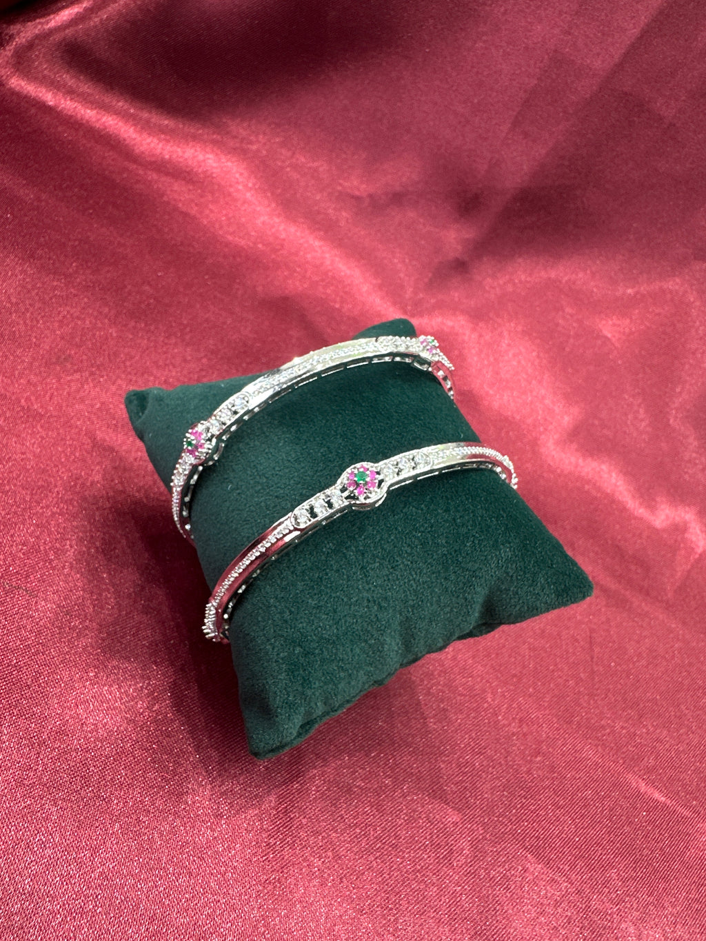 Elegant CZ diamond silver bangles with white stone in sequence design