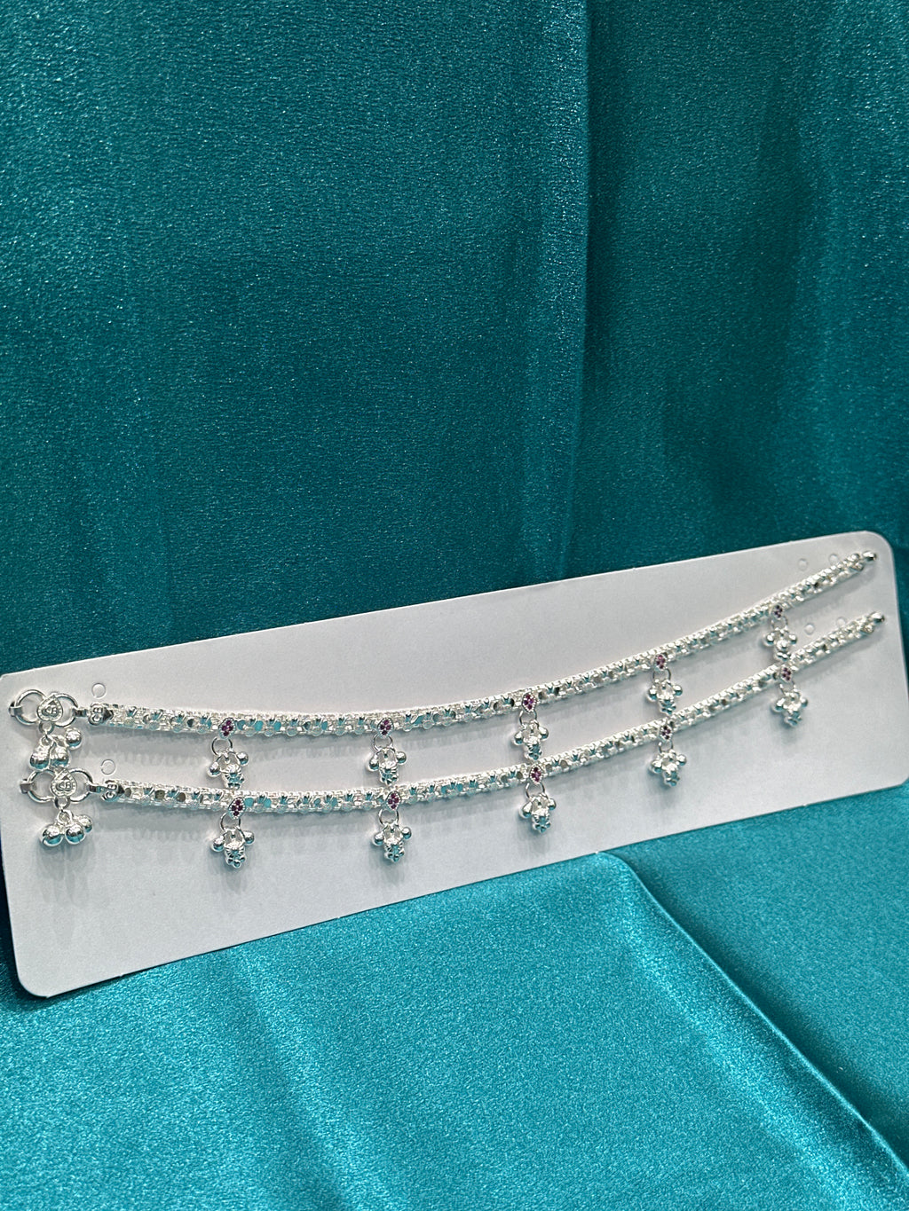 Fancy Silver Anklets With Hanging Bells and ruby coloured stones