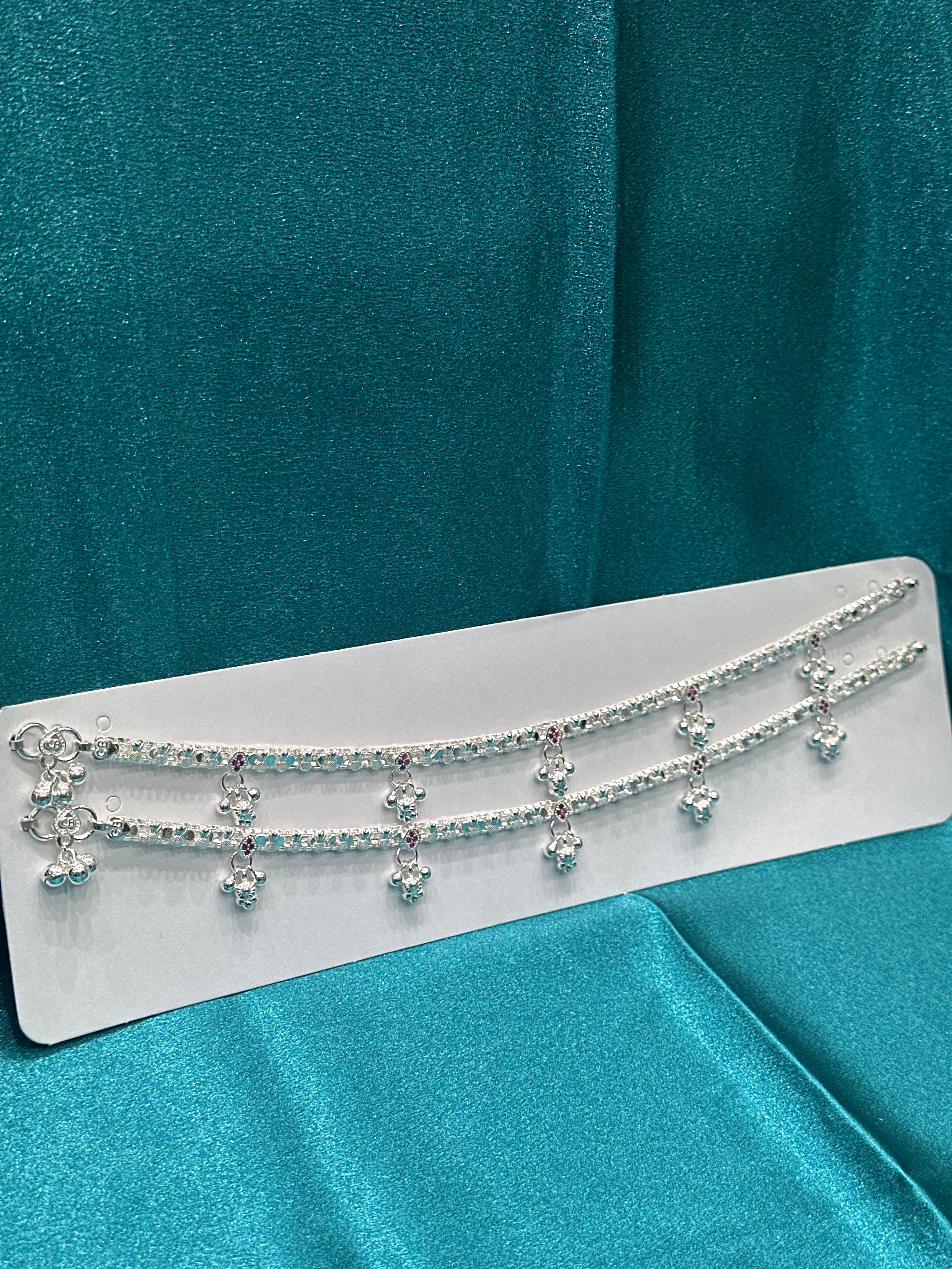 Fancy Silver Anklets With Hanging Bells and ruby coloured stones