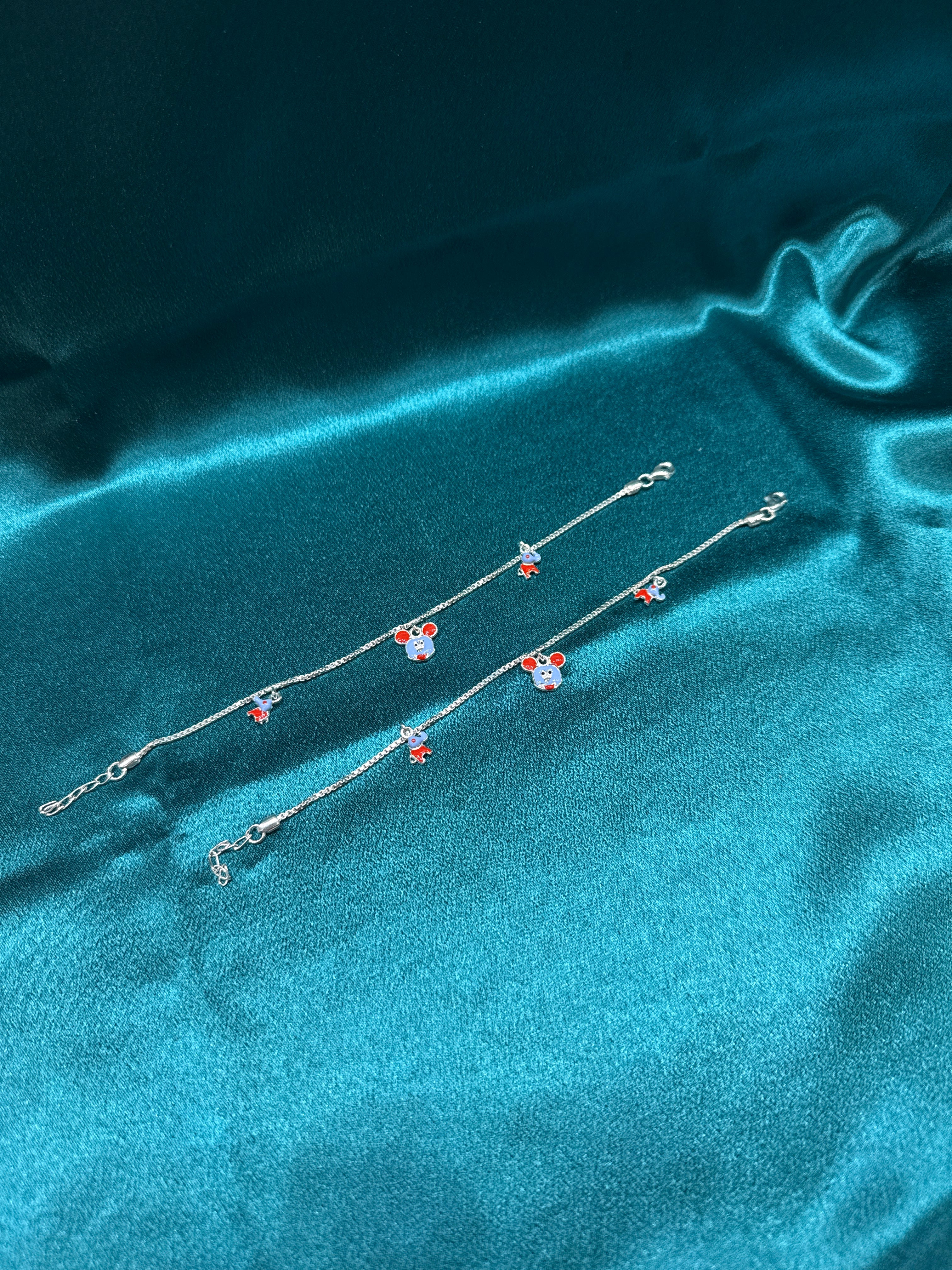 Fancy silver kids anklet with hanging mouse and elephant charms (Size: 6-9 year old)