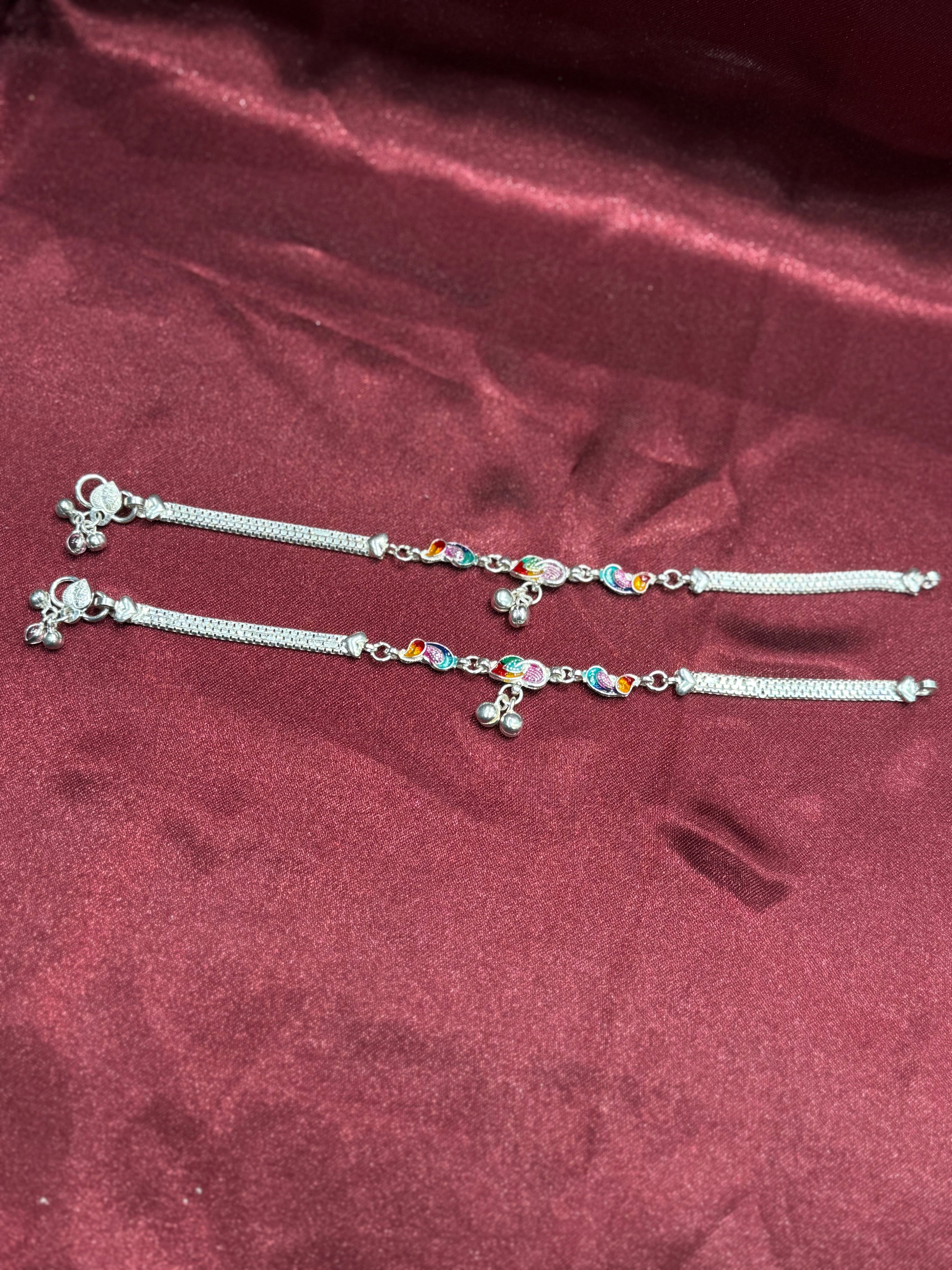 Kids fancy silver anklets with peacock pattern and bells in the middle (12-13 year old)