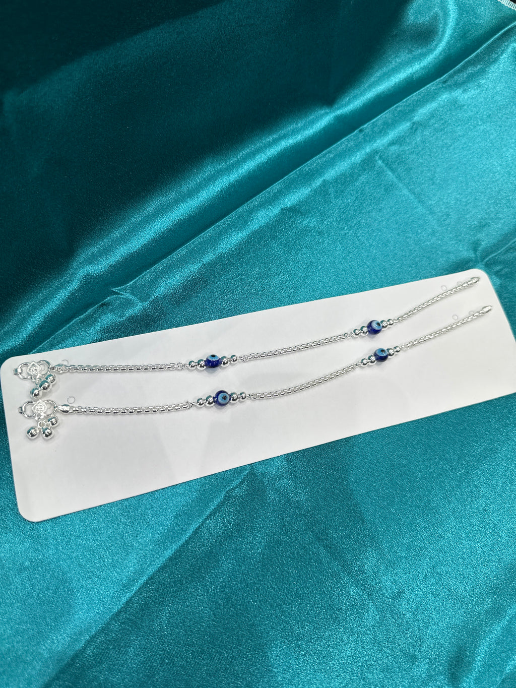 Fancy Silver Anklets With Beads & Evileye