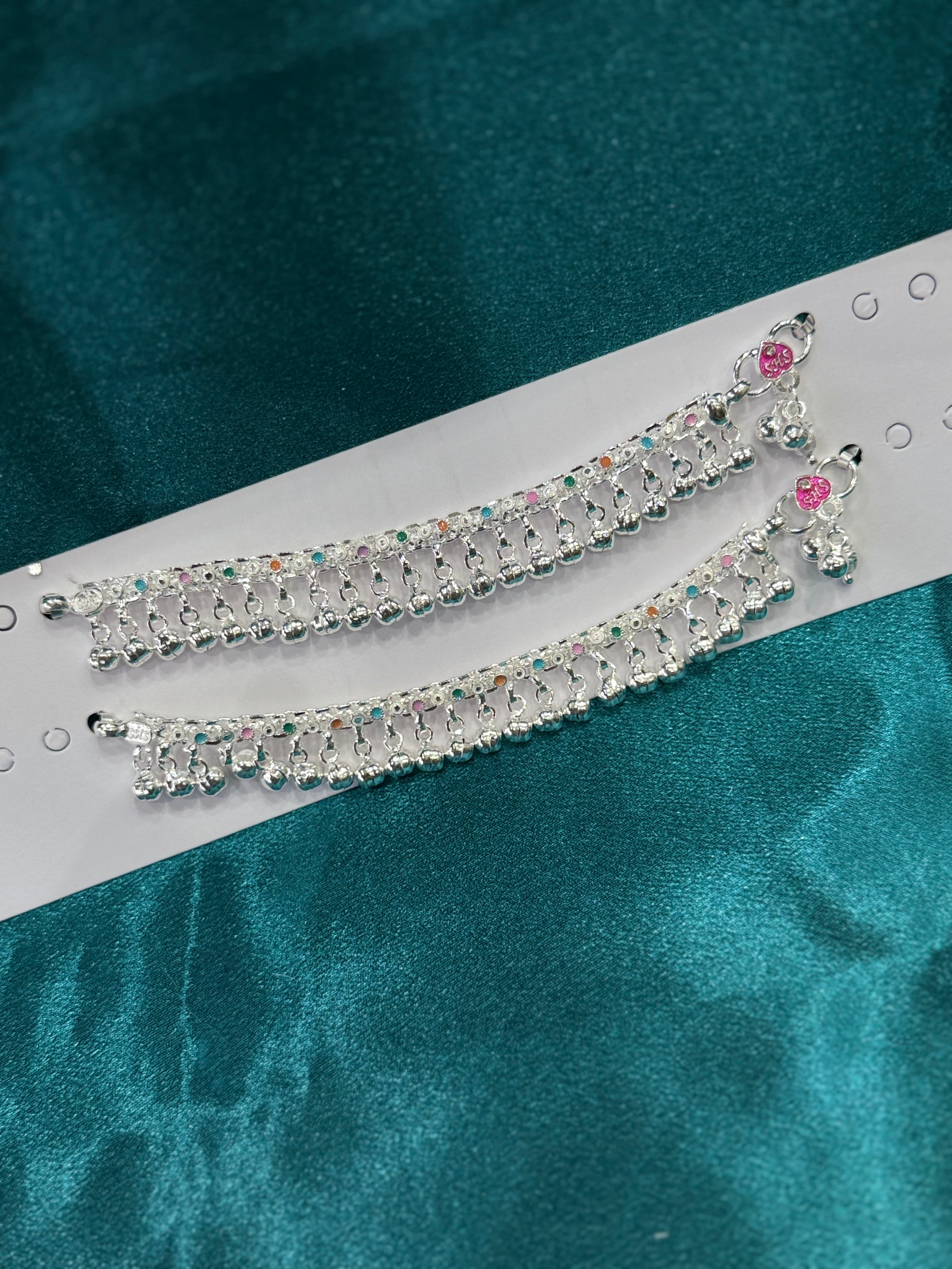 Traditional style kids silver anklets with multicolour enamel and row of bells (2-3 year old)