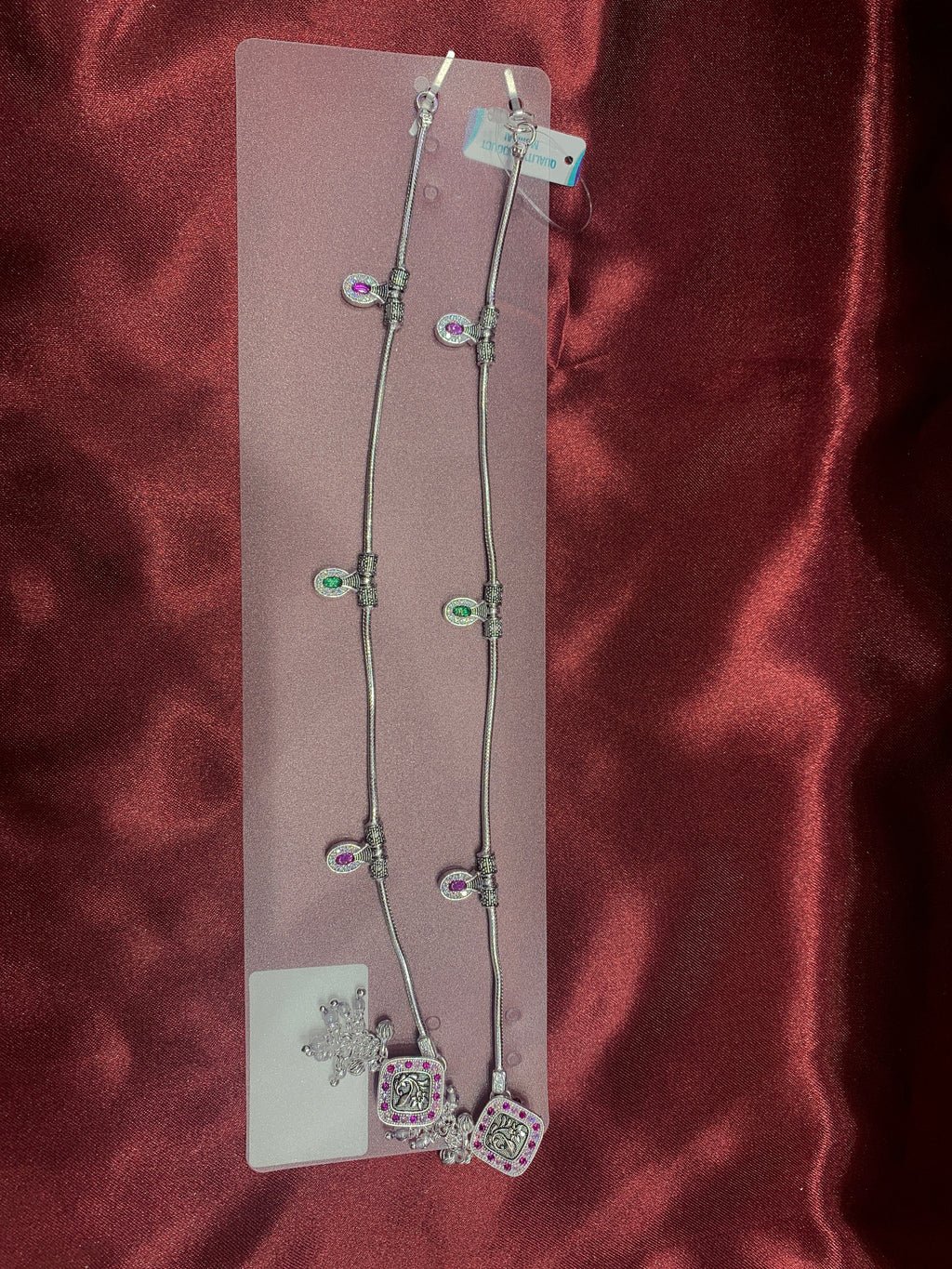 Fancy silver anklets with pink and green stones and CZ diamonds