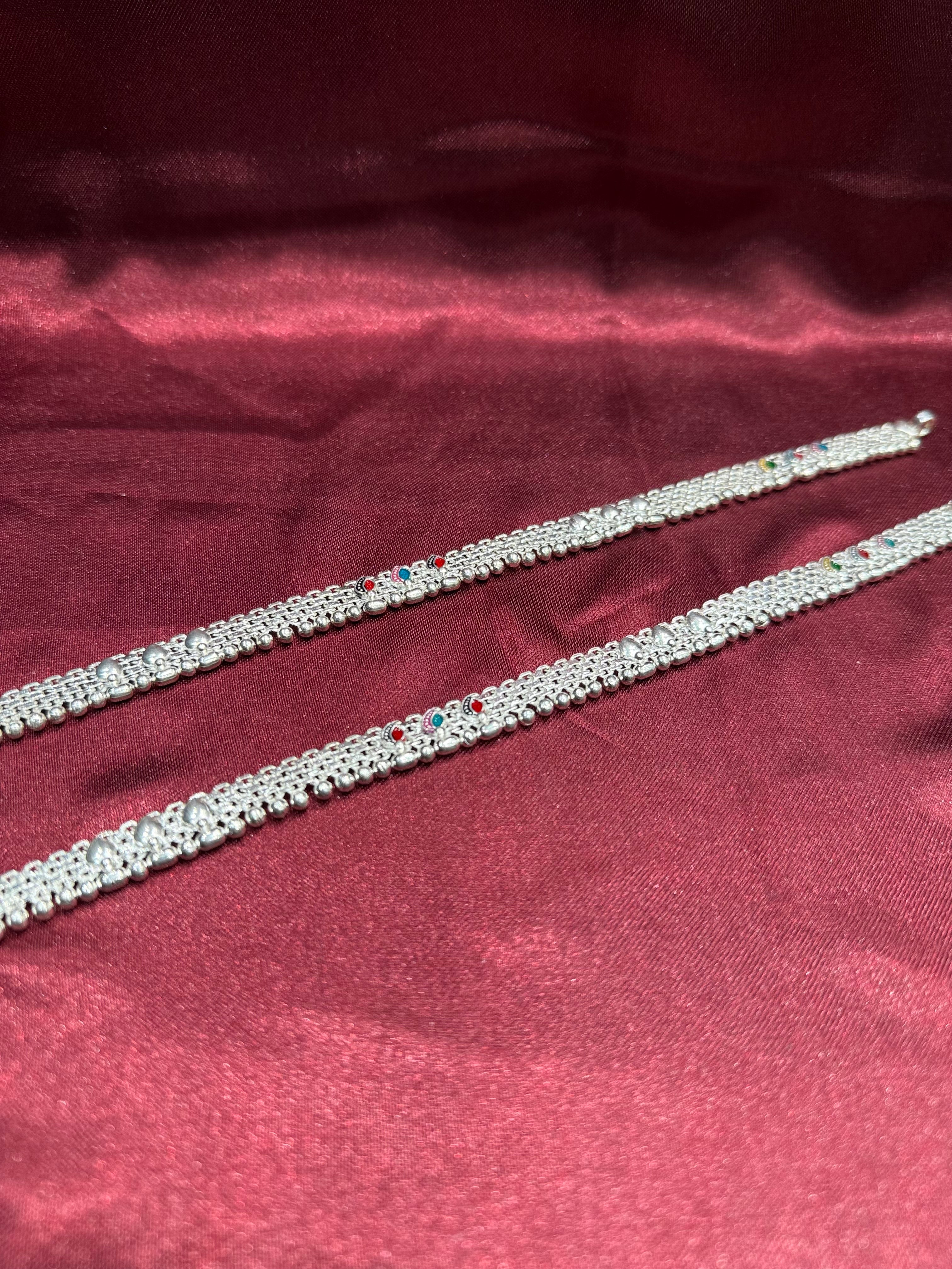 Traditional style kids silver anklets with multicolour enamel (13-15 year old)