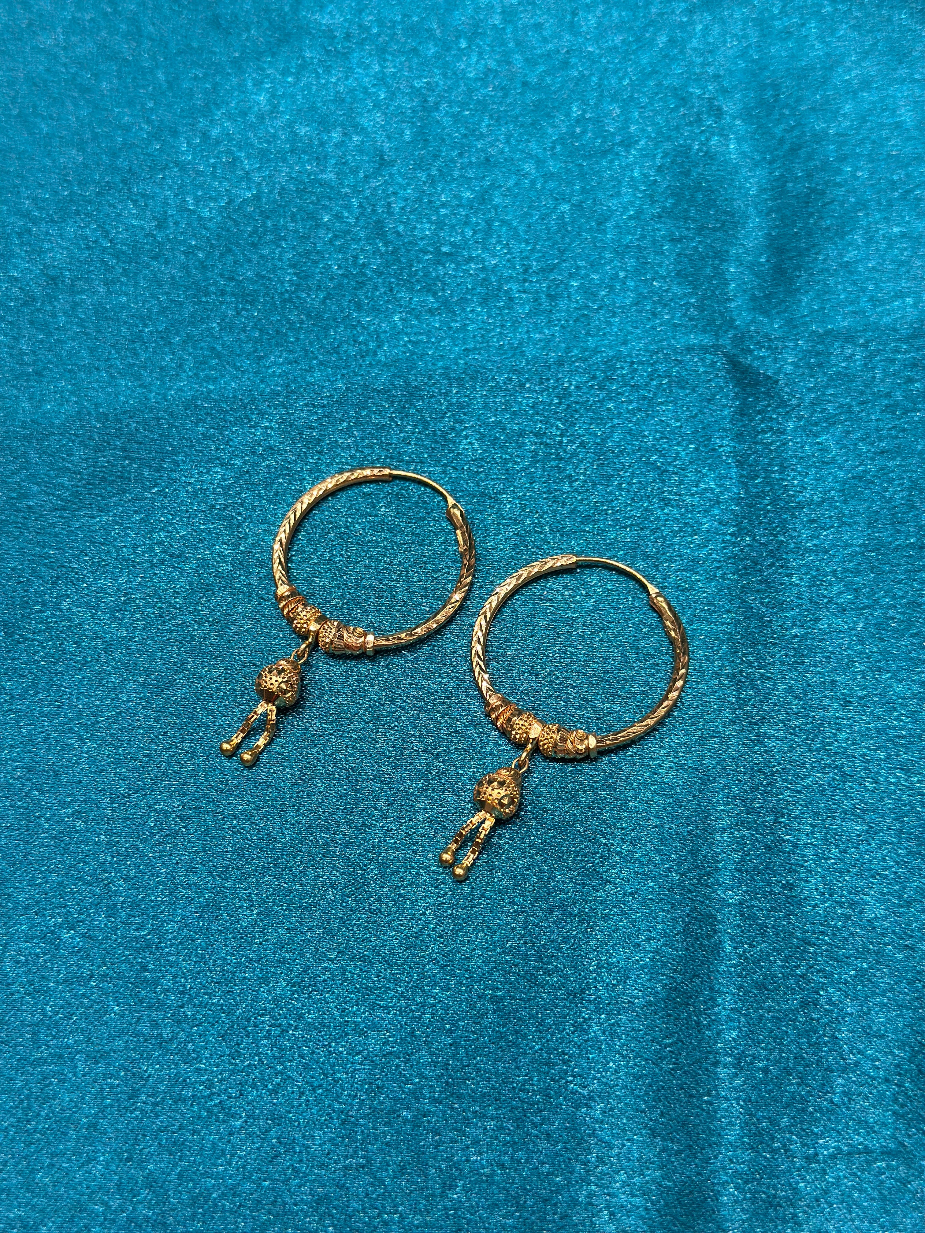 22K Gold Hoops With Designer & Hanging Beads