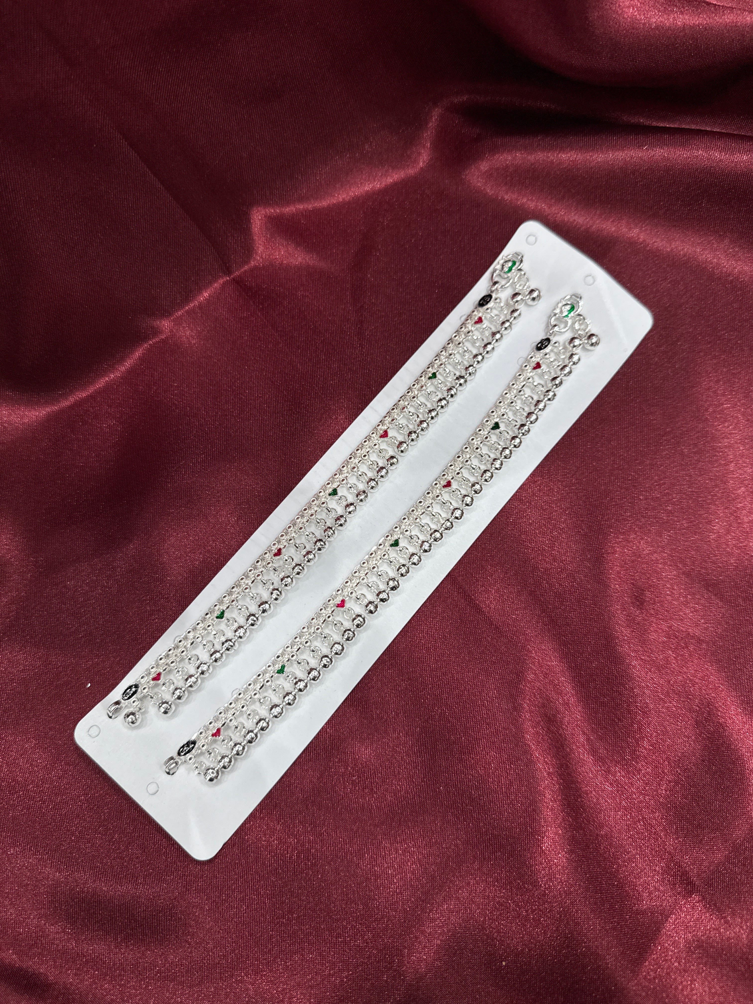 Kids fancy silver anklet with colourful hearts and hanging bells (Size: 10-12 year old)