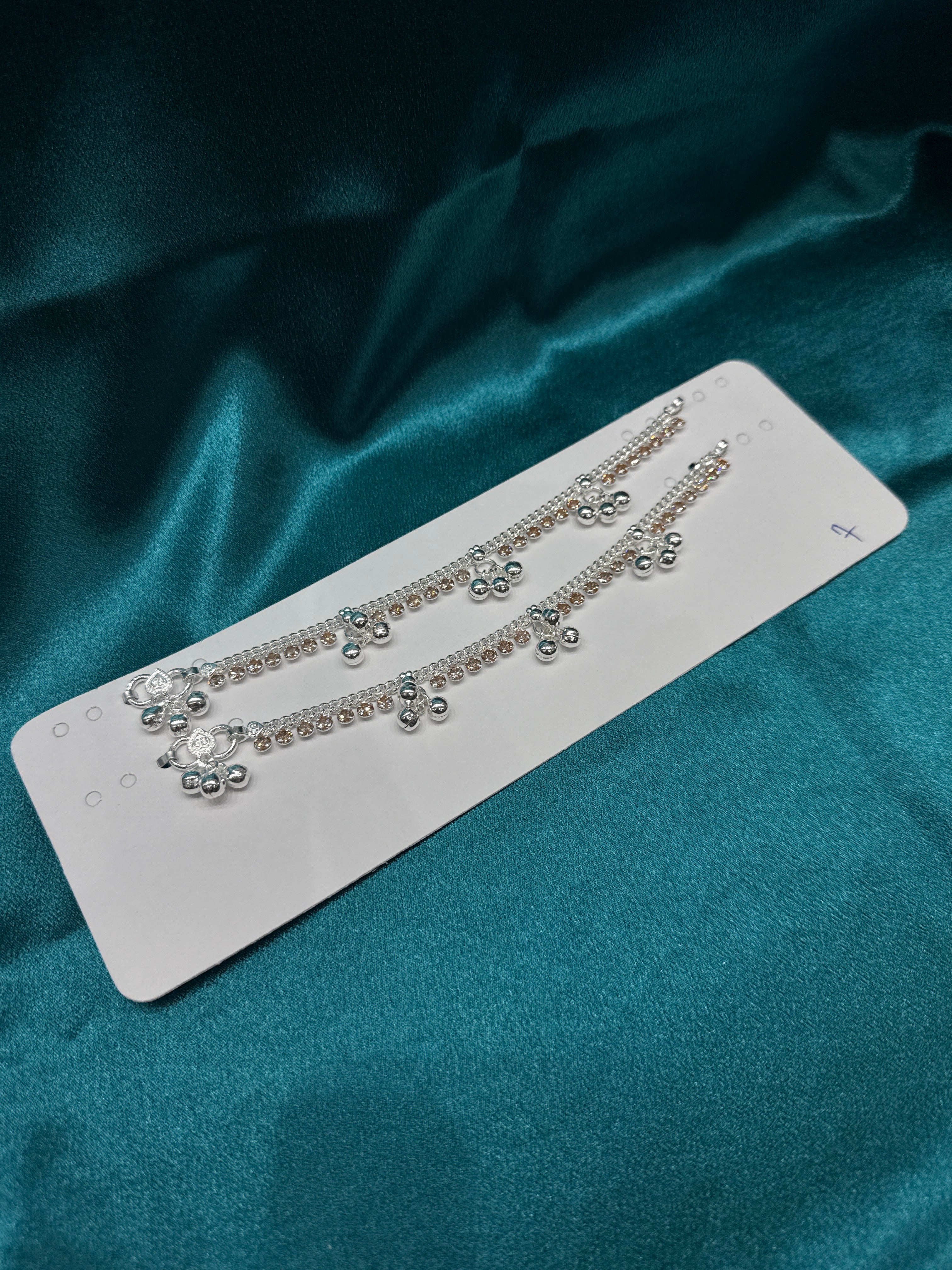 Kids fancy Silver anklet with hanging bells and golden stones (Size: 6-9 year old)