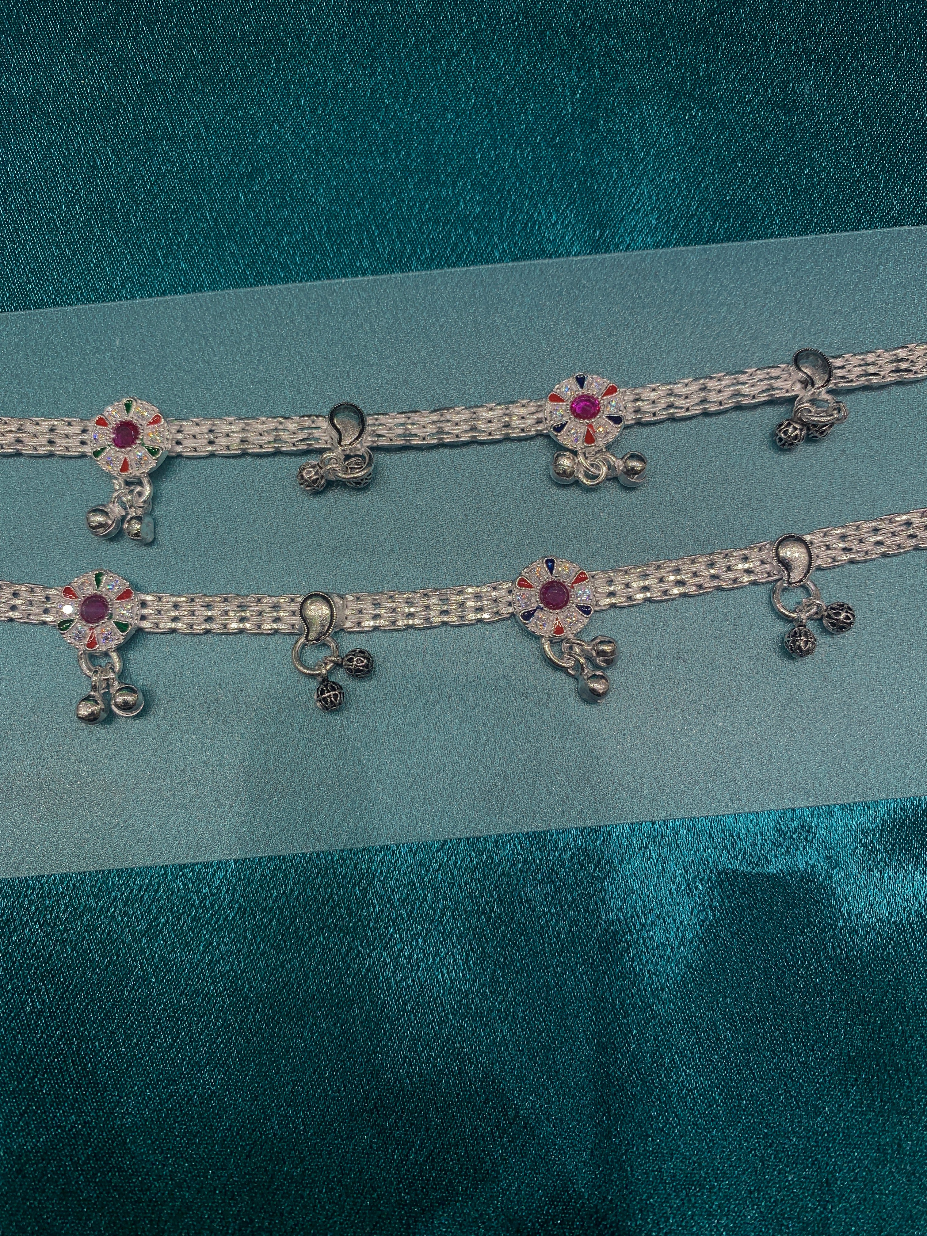 Traditional silver anklets with pink CZ diamonds and antique bells