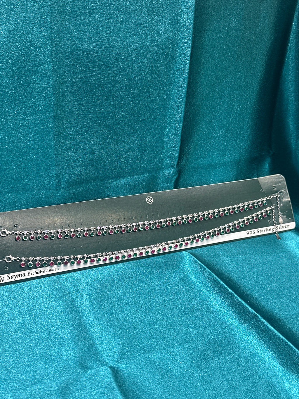 Fancy Silver Anklets With White CZ & Red & Green Hanging stones