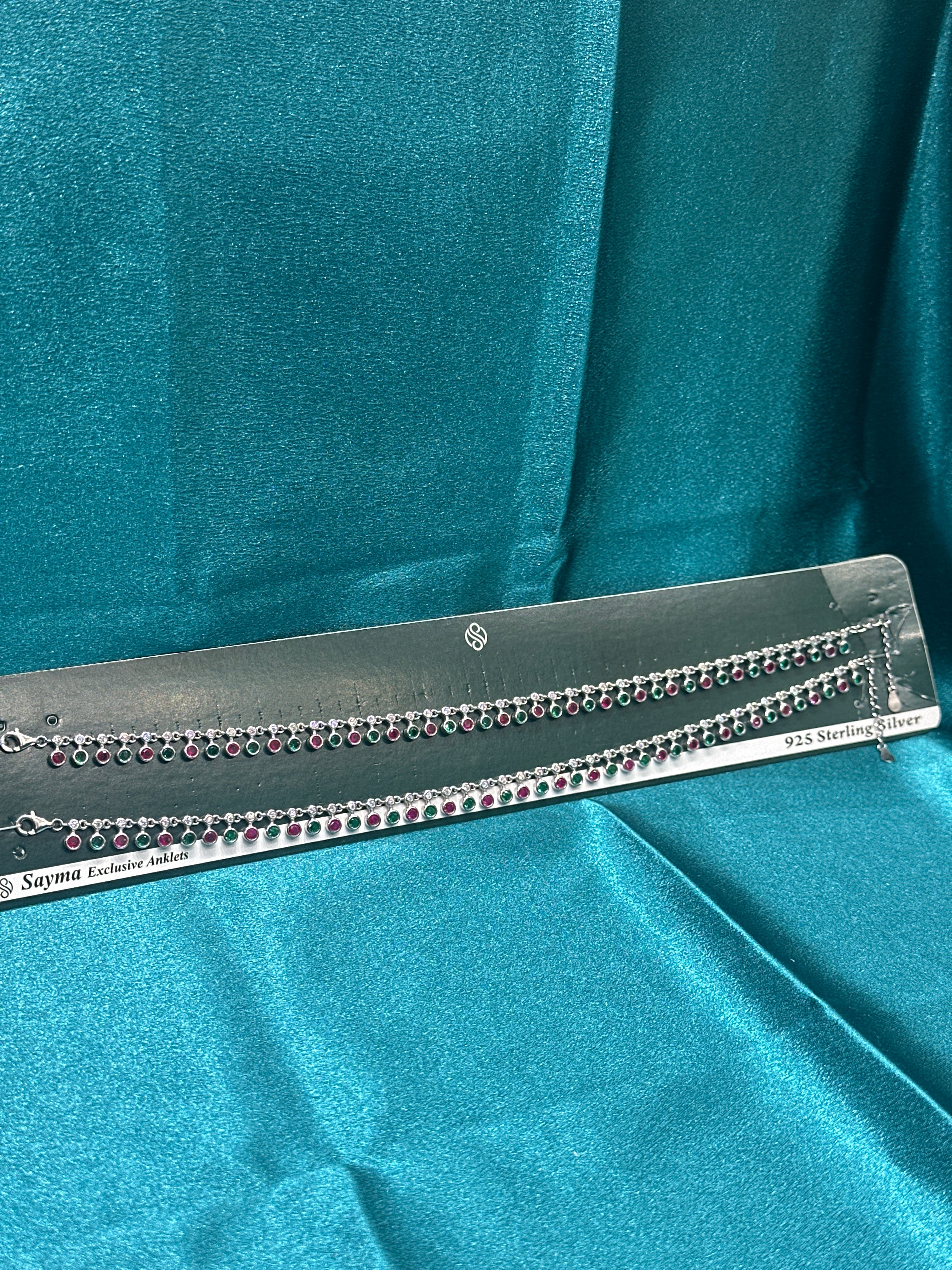 Fancy Silver Anklets With White CZ & Red & Green Hanging stones