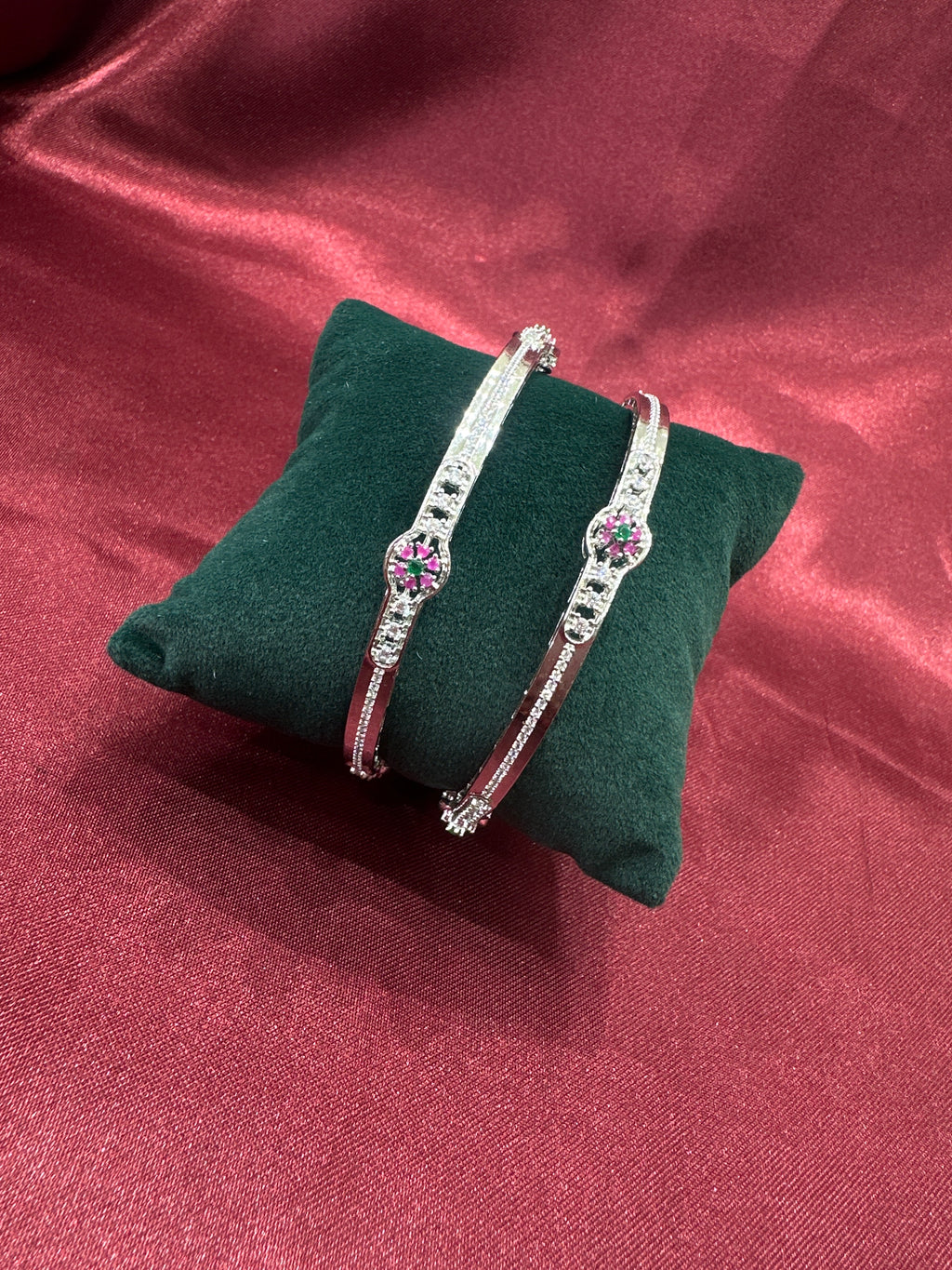 Elegant CZ diamond silver bangles with white stone in sequence design