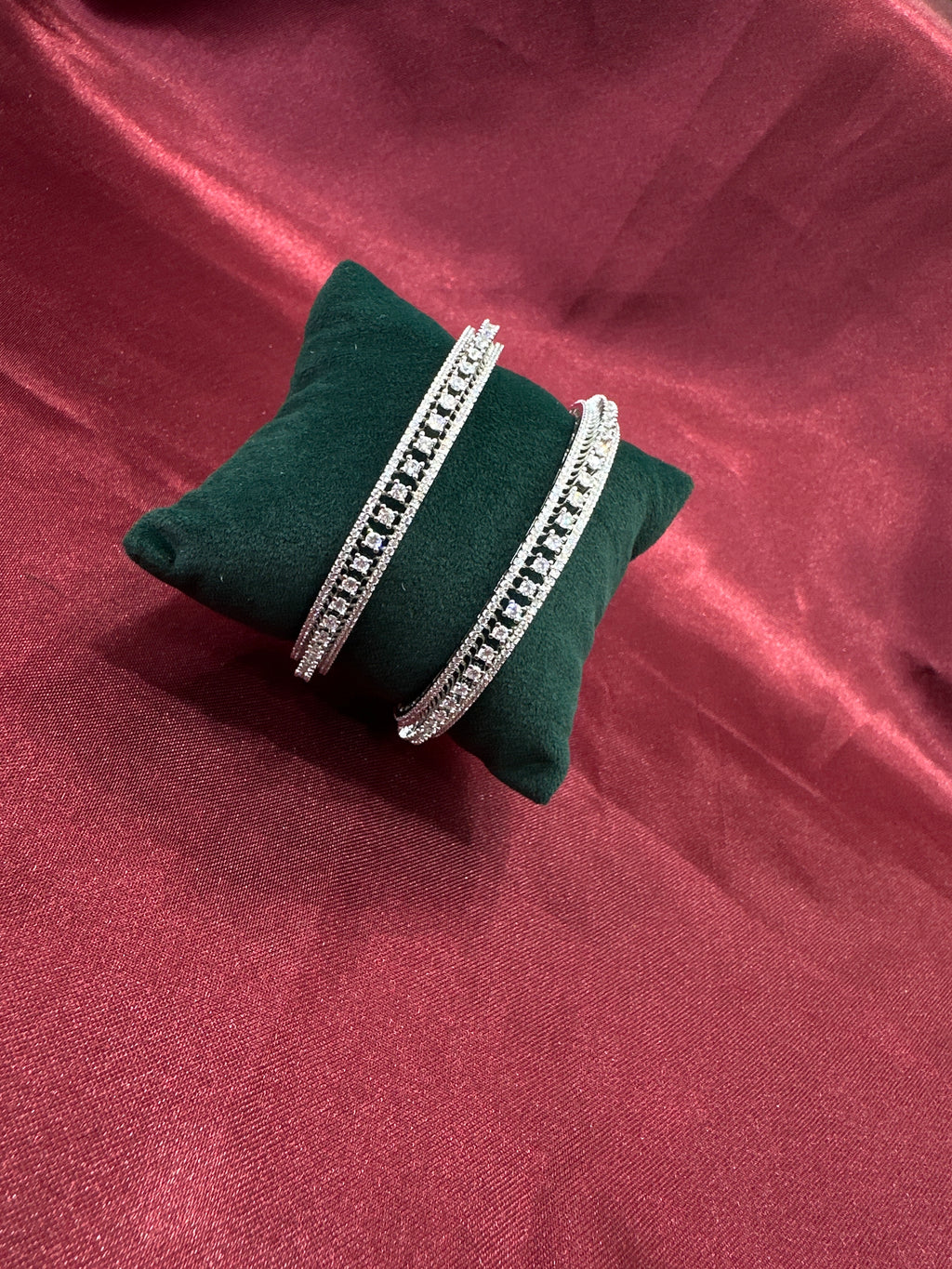 Elegant CZ diamond silver bangles with white stone in sequence design