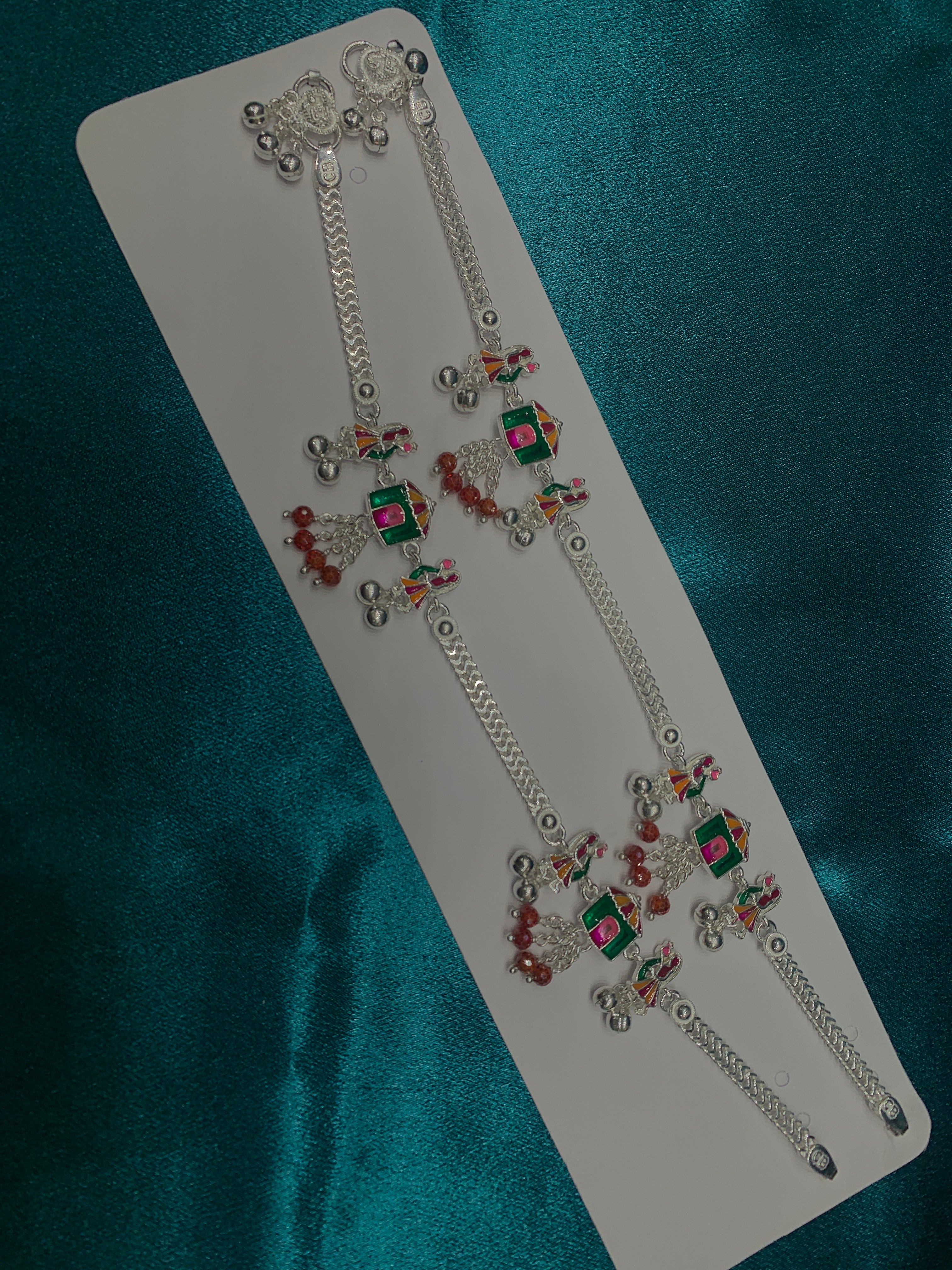 Fancy silver anklets with hut and doll design