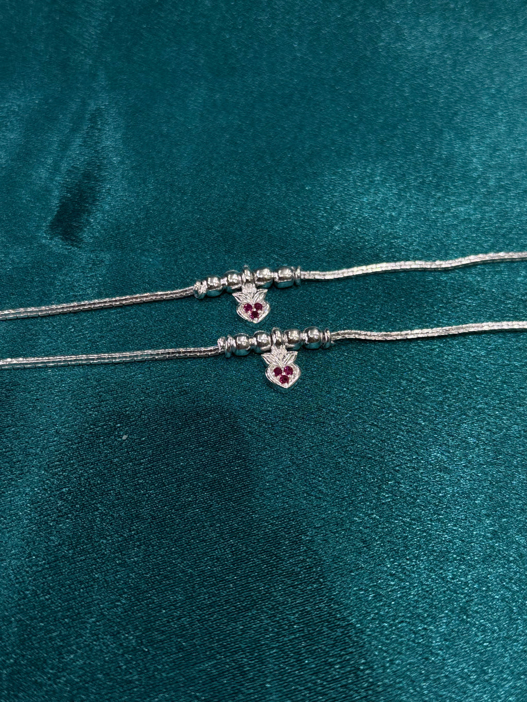 Fancy kids silver anklets with pink stones studded charm in the middle (Size 4-5 year old)