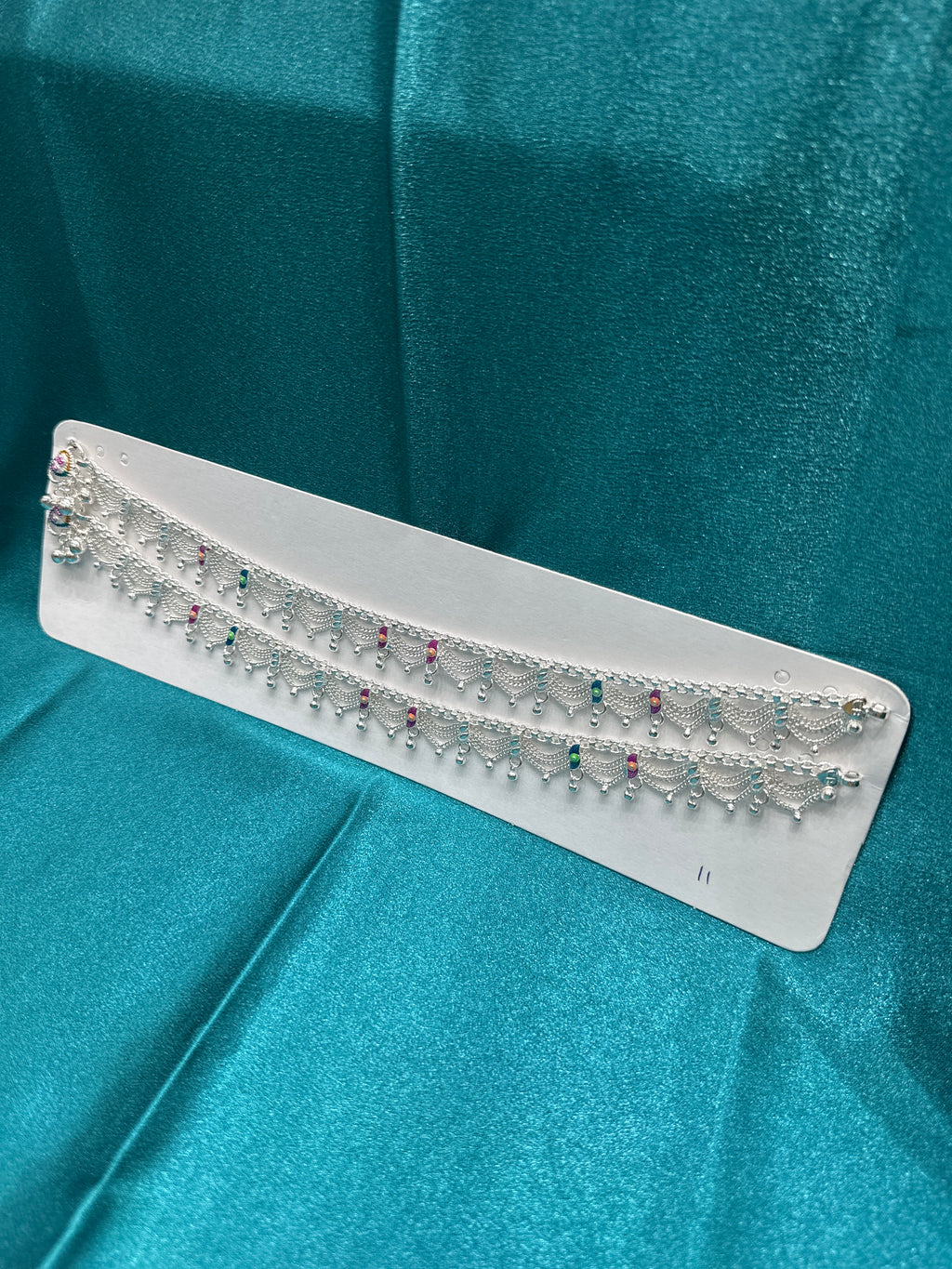 Silver Anklets With Hanging Chains & Blue & Pink Enamel colouring