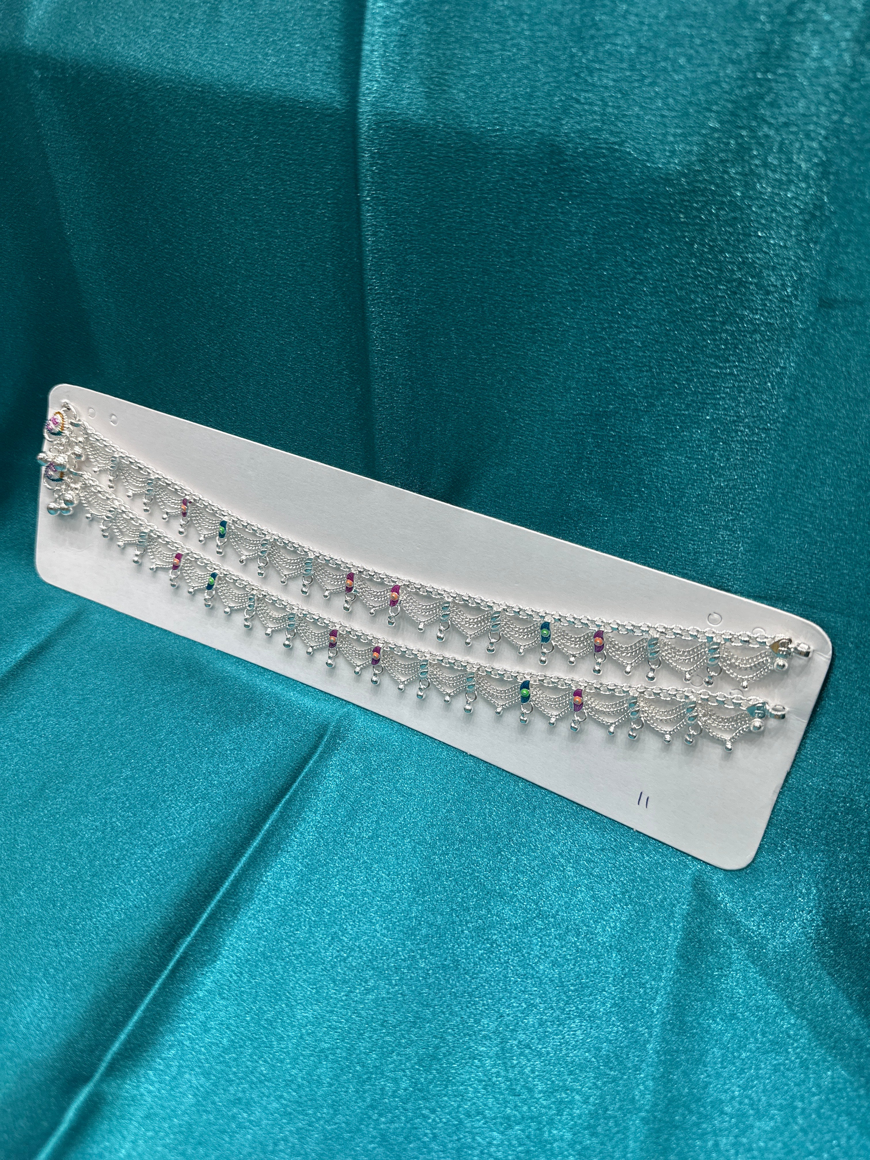 Silver Anklets With Hanging Chains & Blue & Pink Enamel colouring