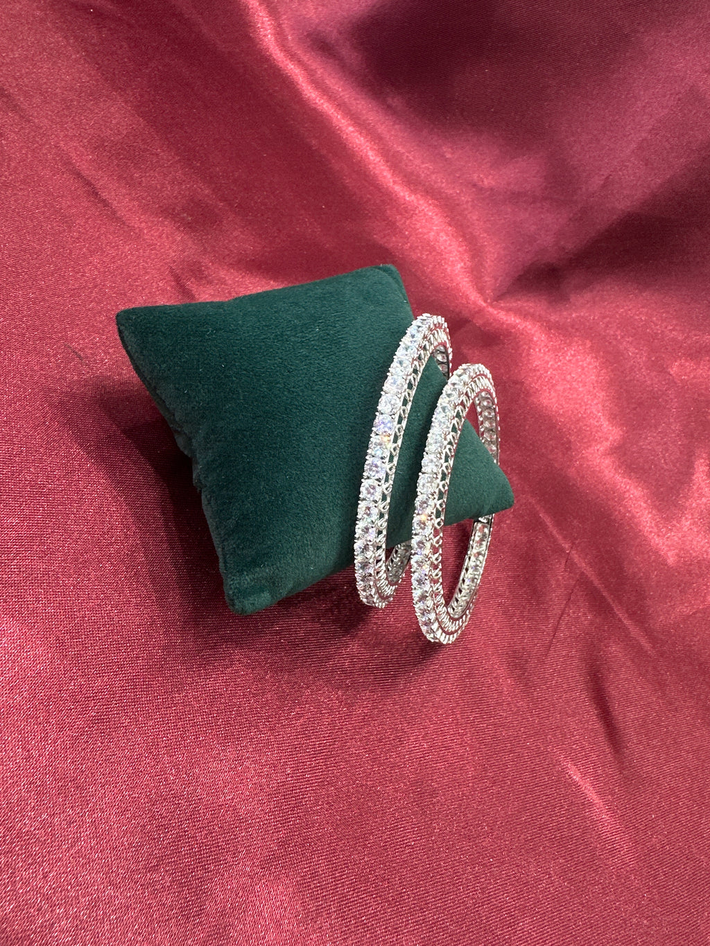 Elegant CZ diamond silver bangles with white stone in sequence design