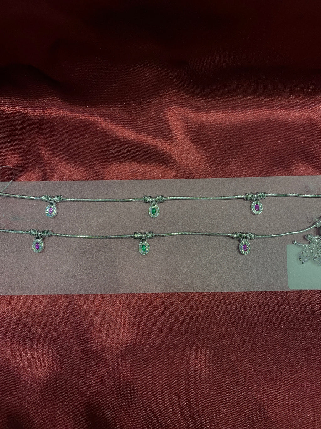 Fancy silver anklets with pink and green stones and CZ diamonds
