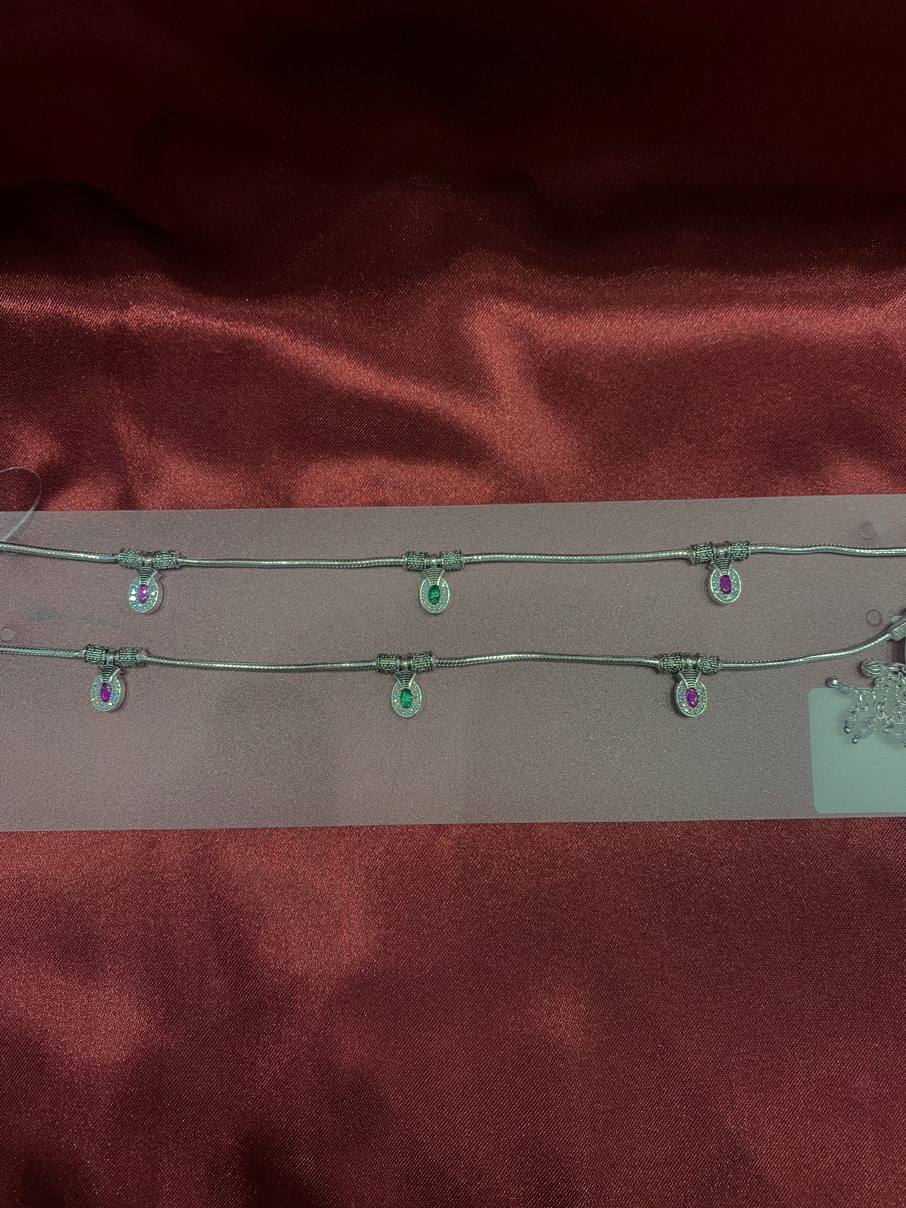 Fancy silver anklets with pink and green stones and CZ diamonds