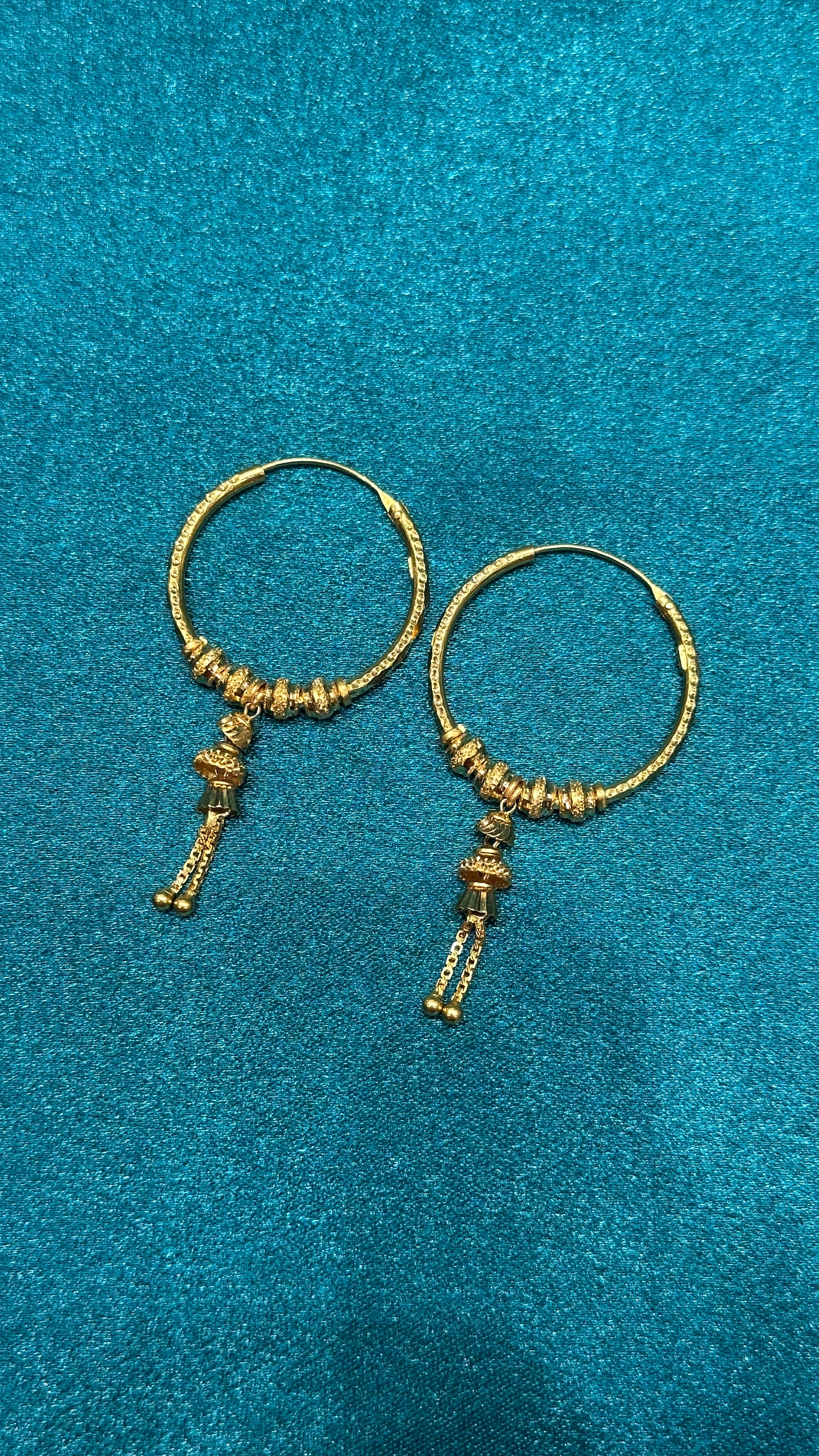 22K Gold Hoops With Designer Beads & Hanging Design