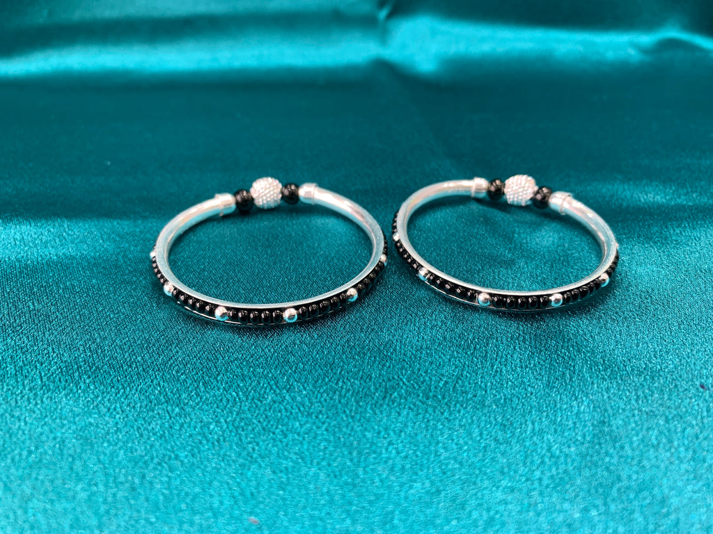 Silver baby bangles with black beads BBB3