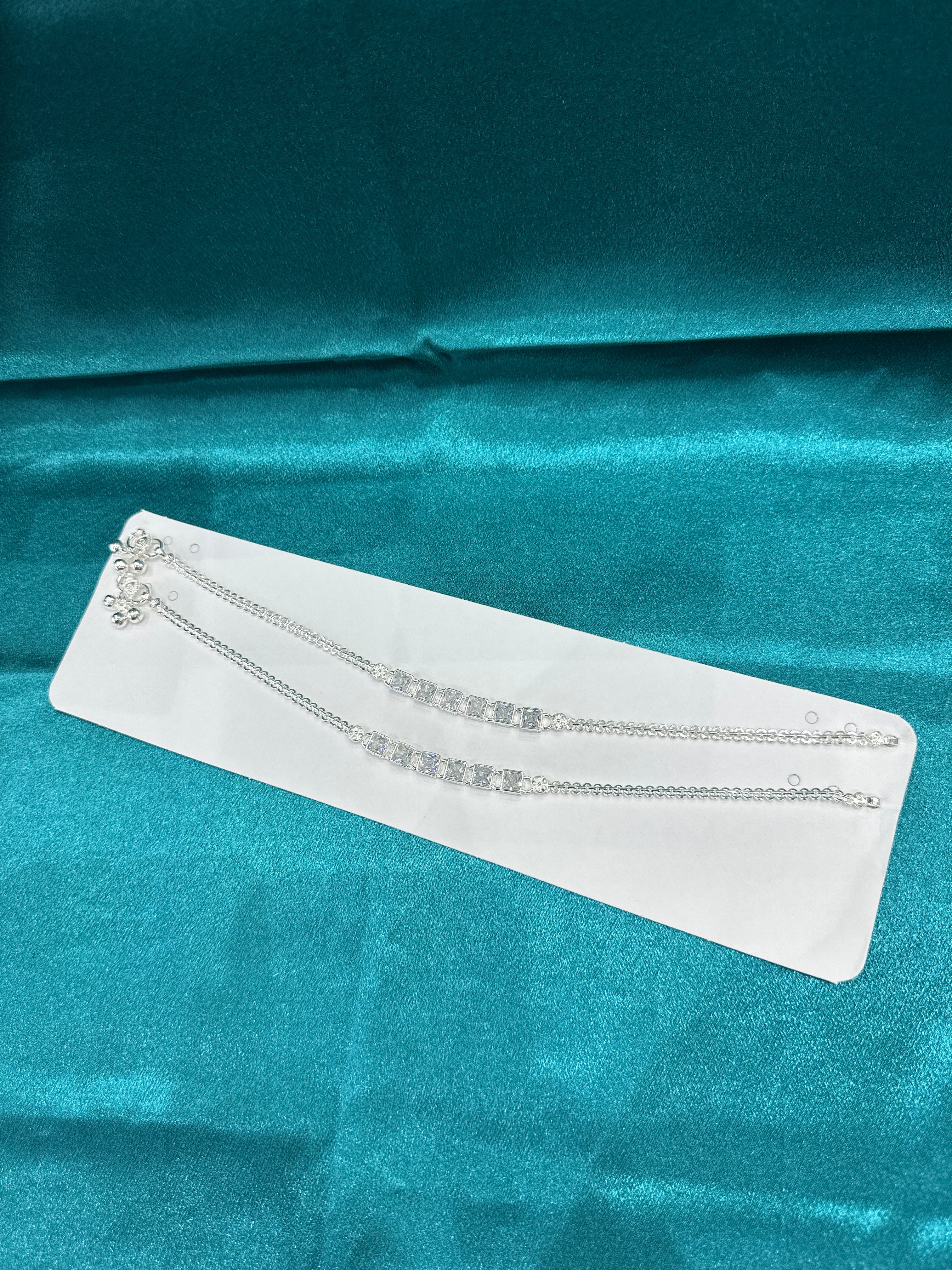 Fancy Silver Anklets With Square CZ Diamonds