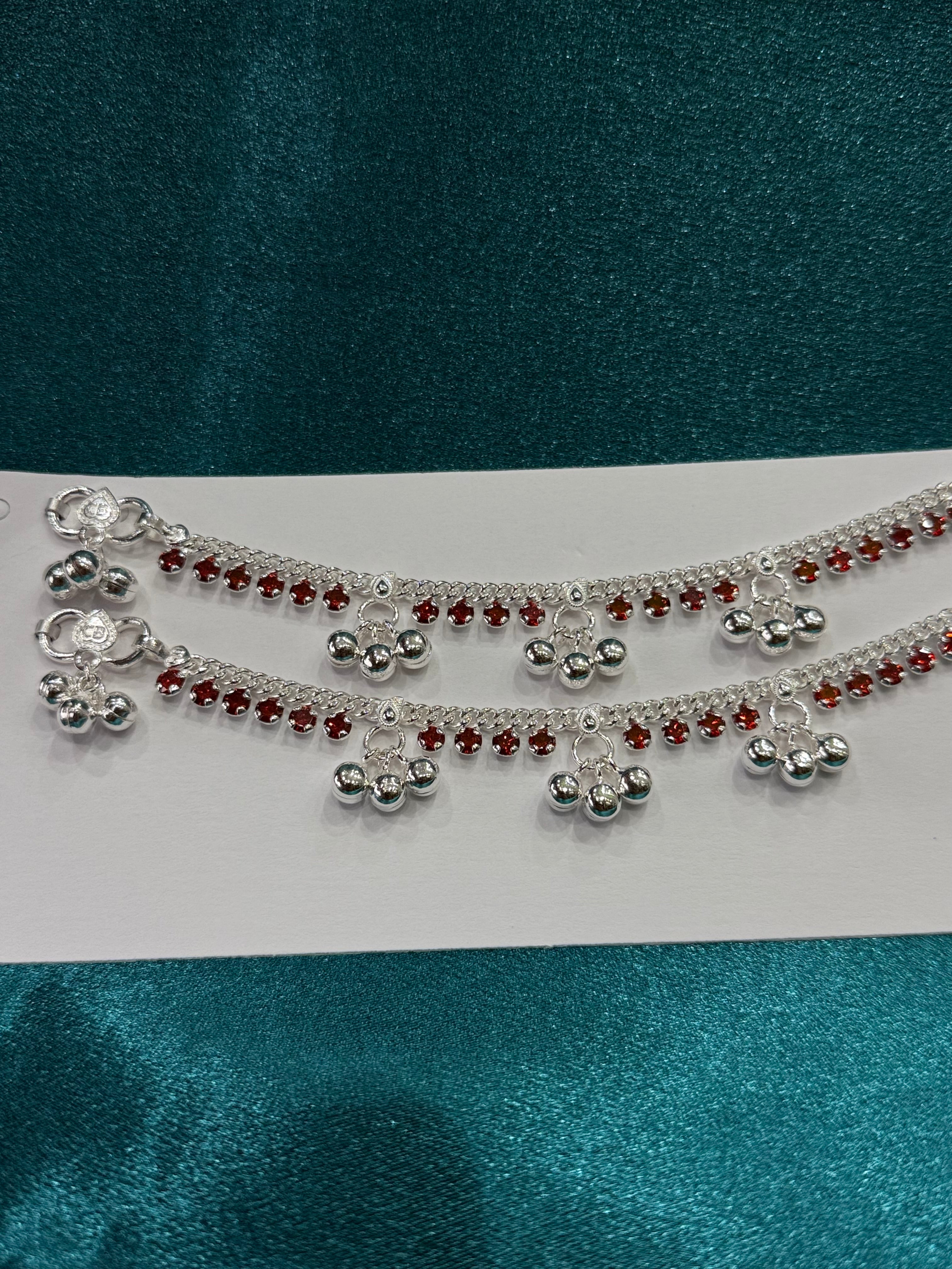 Kids fancy silver anklets with row of red stones and bells (Size 2-3 year old)